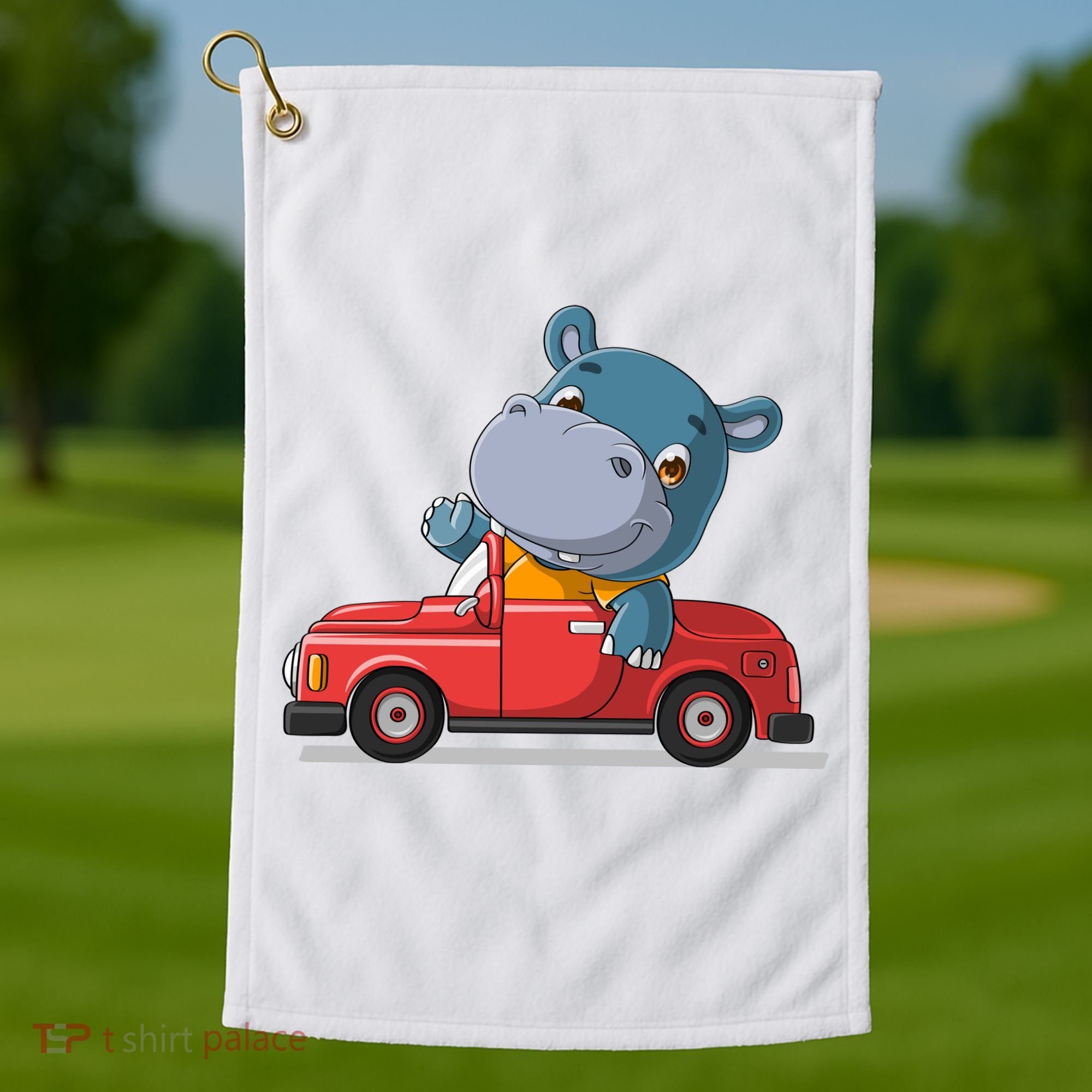 Happy Hippo Drive A Car Golf Towel