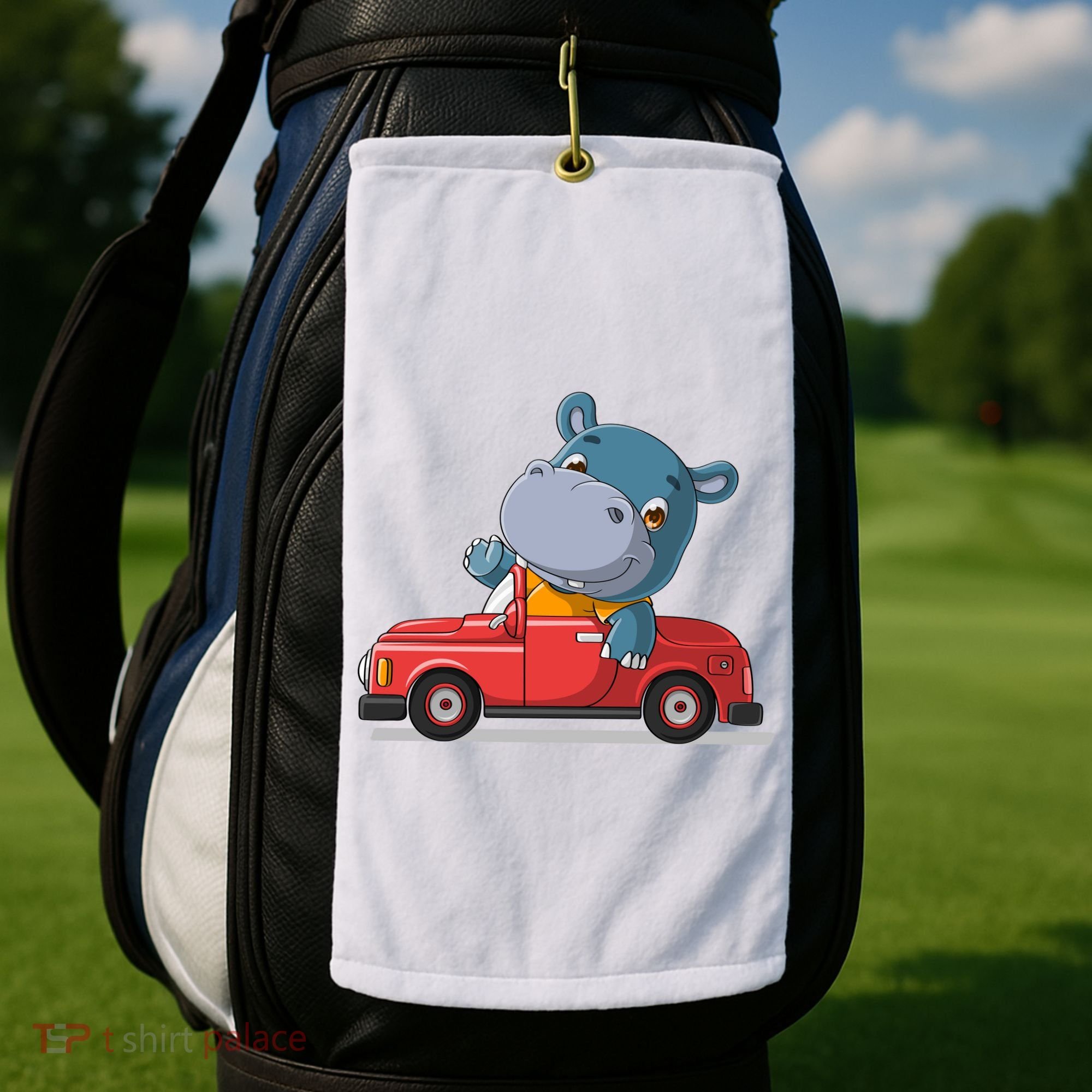 Happy Hippo Drive A Car Golf Towel