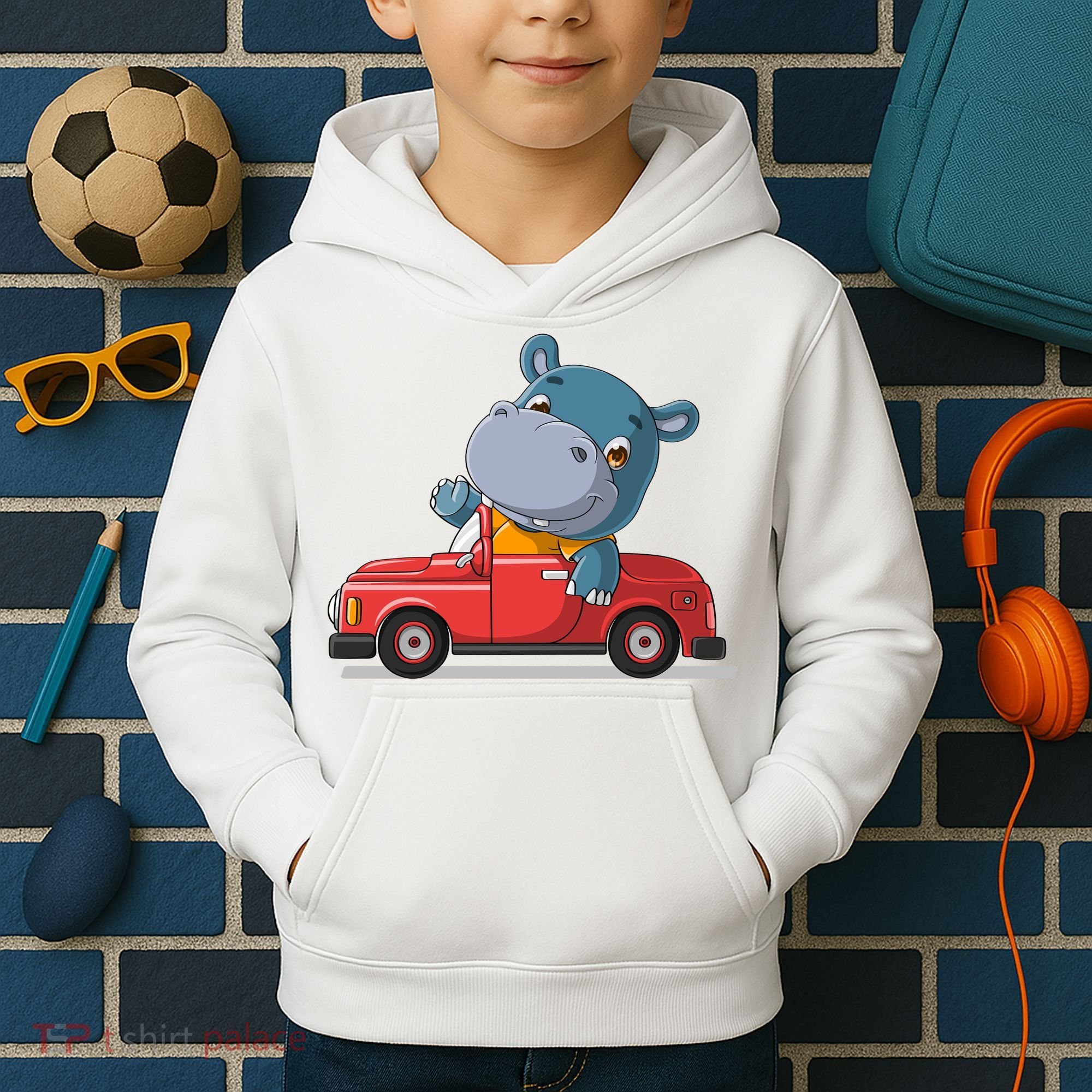 Happy Hippo Drive A Car Kids Hoodie