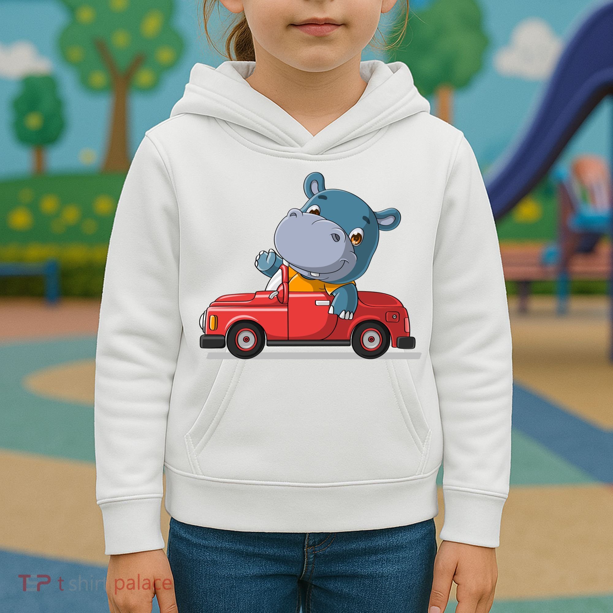 Happy Hippo Drive A Car Kids Hoodie