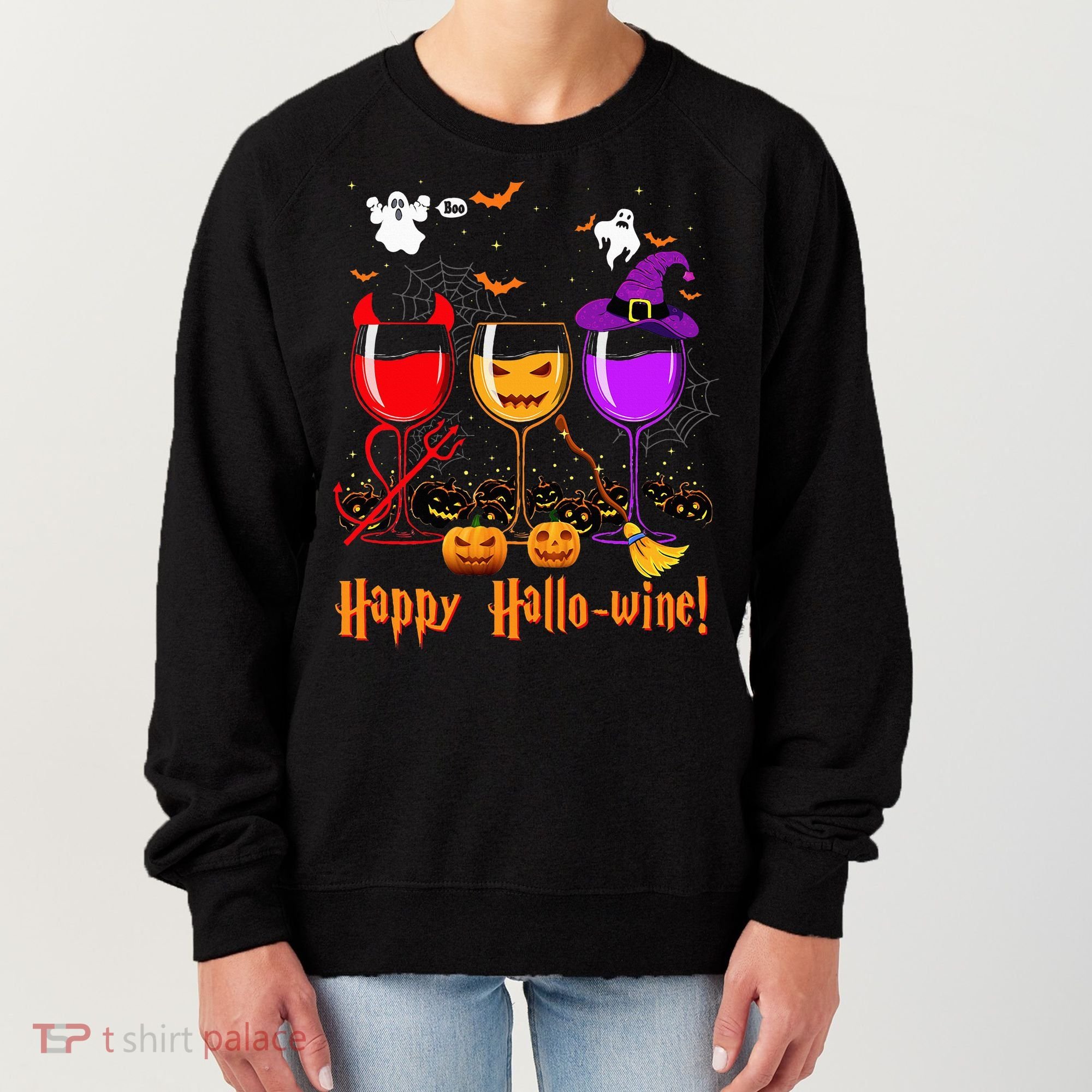 Happy Hallowine Drinking Scary Ghost Boo Pumpkin Halloween Women's Sweatshirt
