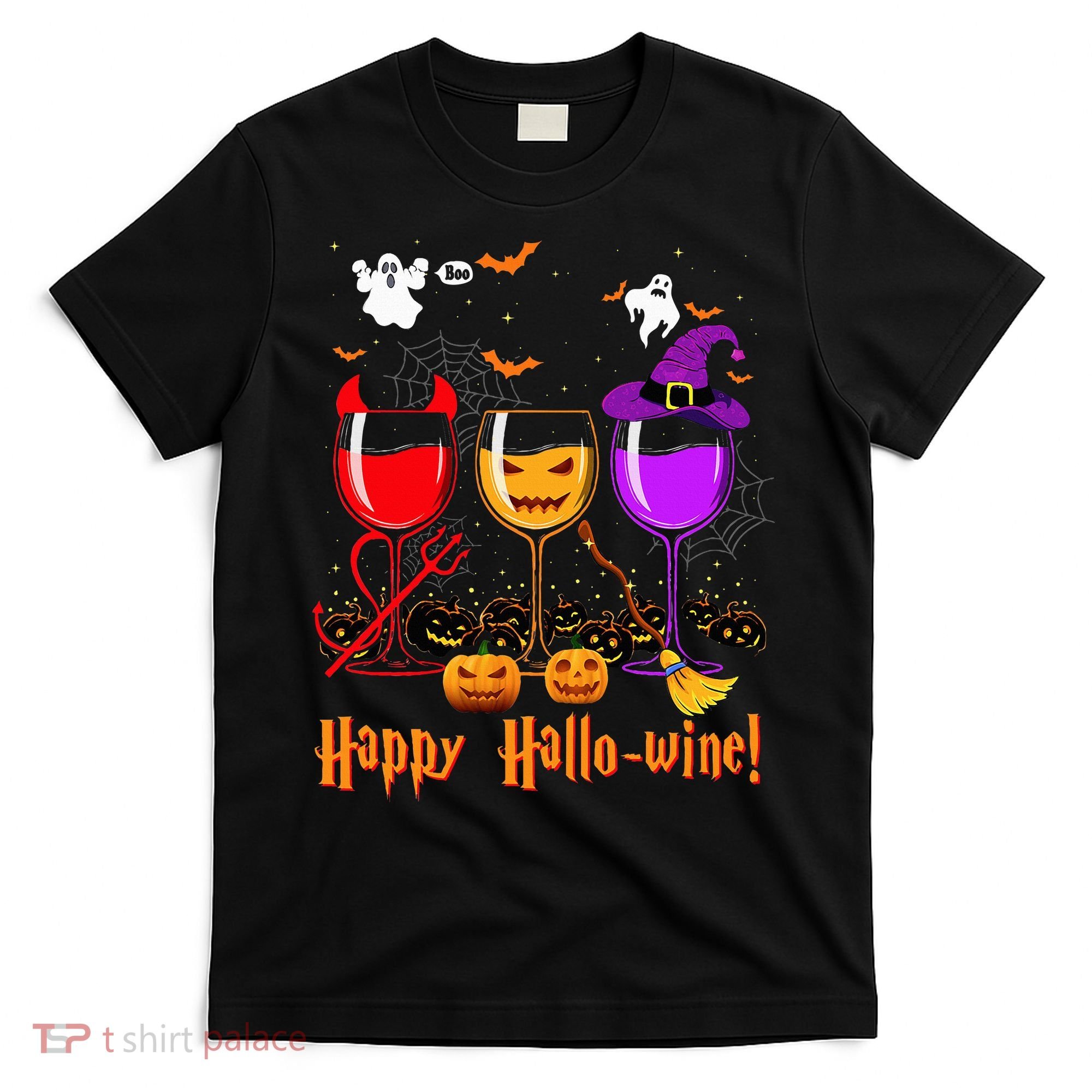 Happy Hallowine Drinking Scary Ghost Boo Pumpkin Halloween T-Shirt