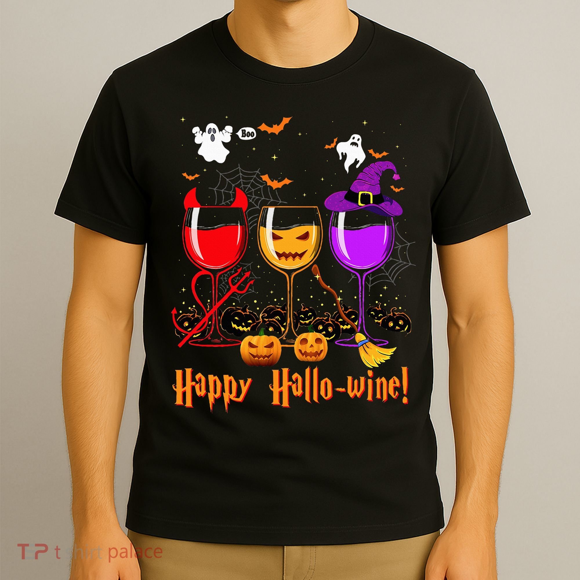 Happy Hallowine Drinking Scary Ghost Boo Pumpkin Halloween T-Shirt