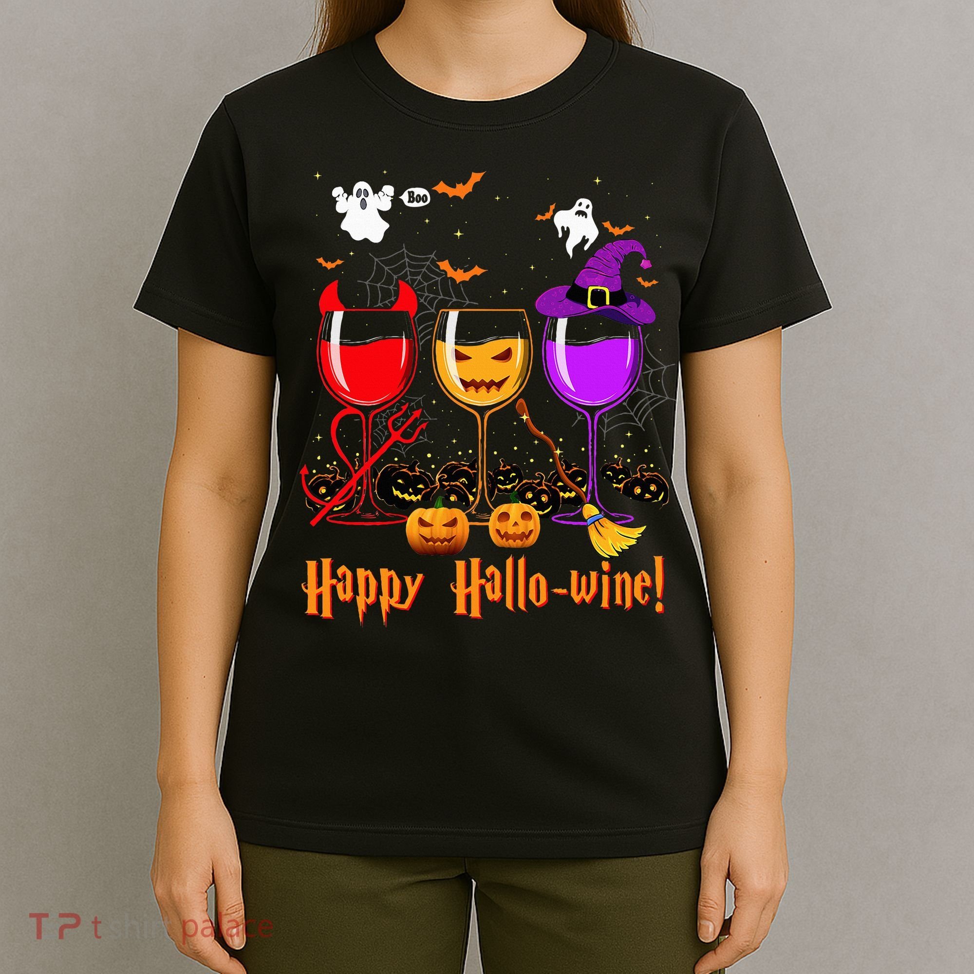 Happy Hallowine Drinking Scary Ghost Boo Pumpkin Halloween T-Shirt