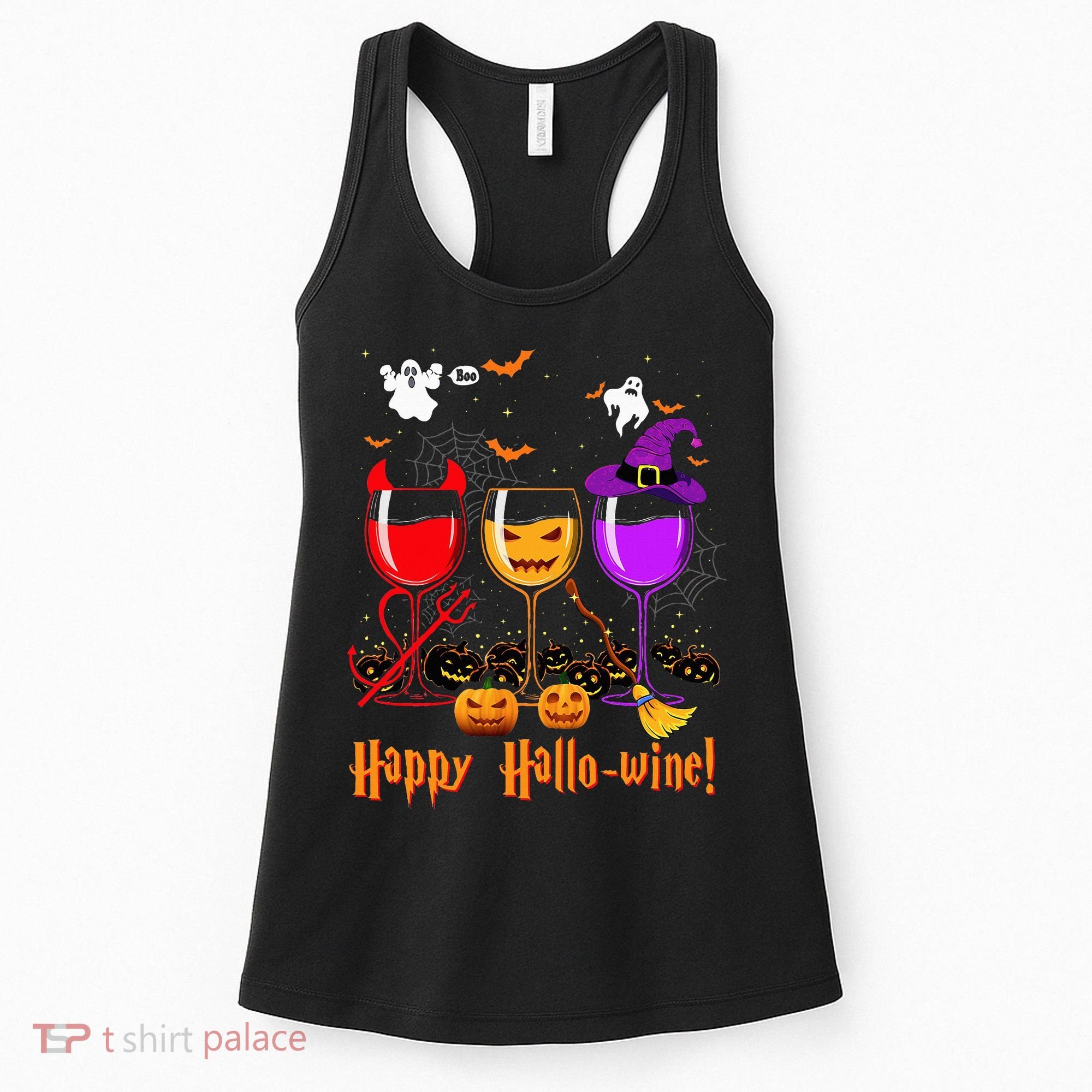 Happy Hallowine Drinking Scary Ghost Boo Pumpkin Halloween Women's Tank Top