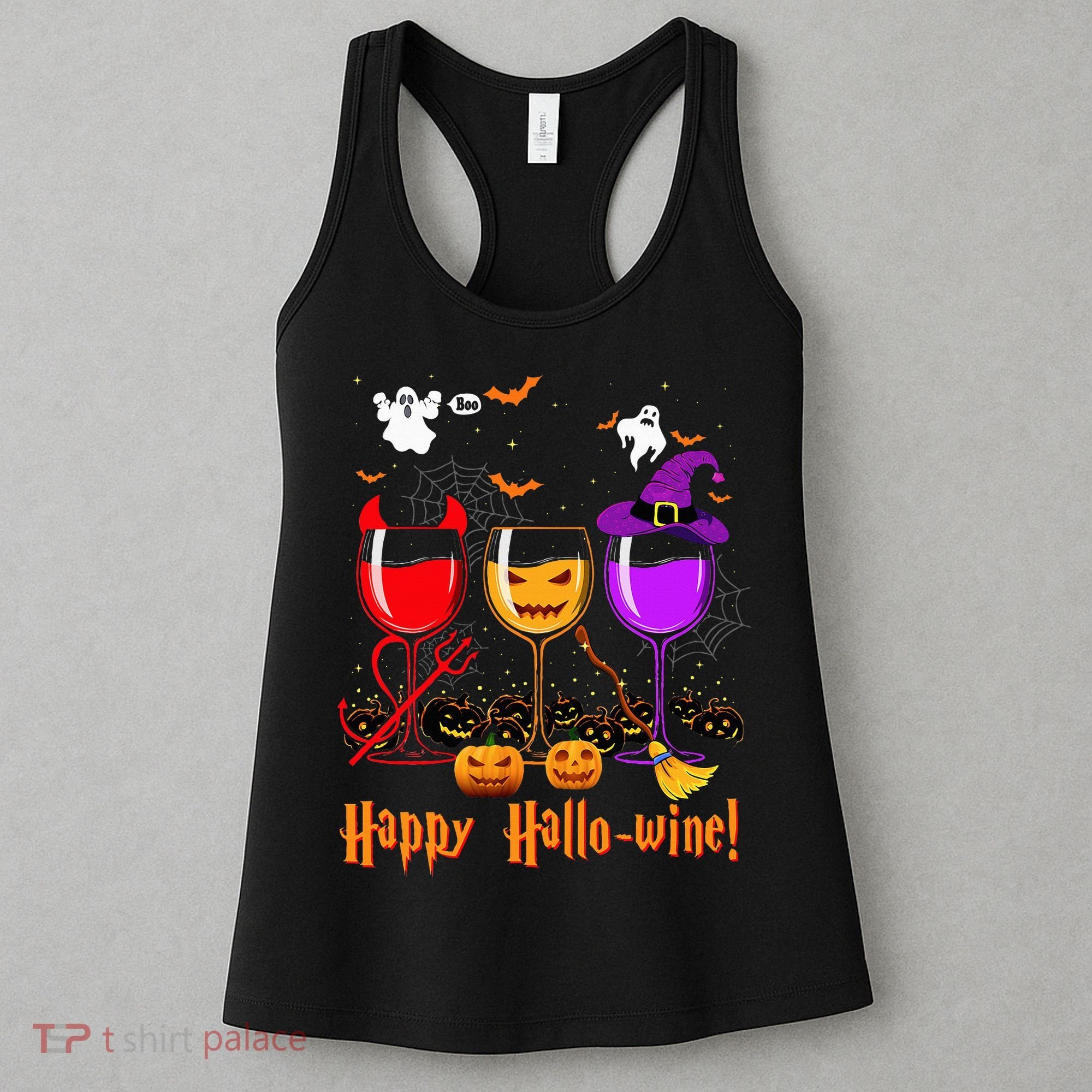 Happy Hallowine Drinking Scary Ghost Boo Pumpkin Halloween Women's Tank Top