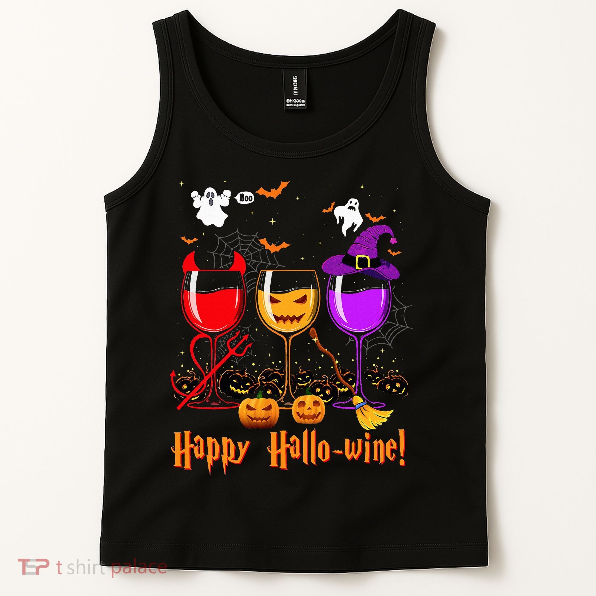 Happy Hallowine Drinking Scary Ghost Boo Pumpkin Halloween Tank Top