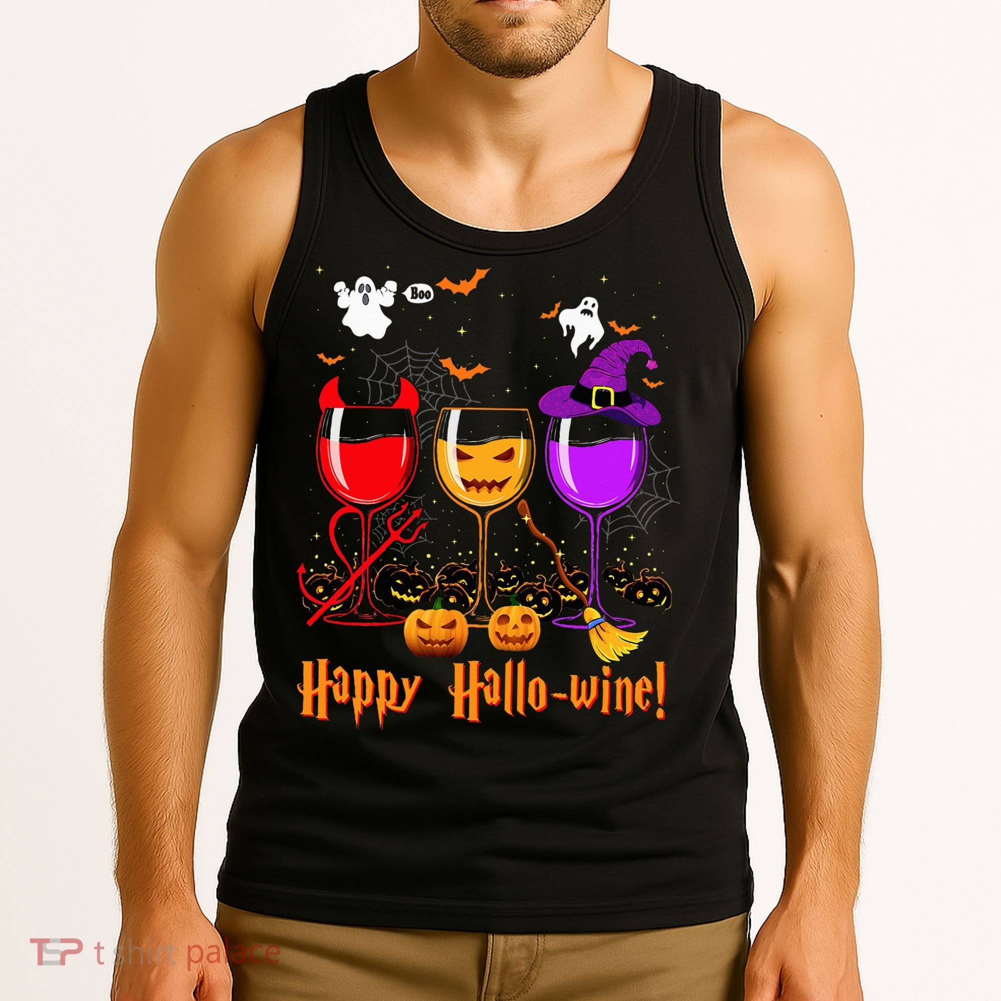 Happy Hallowine Drinking Scary Ghost Boo Pumpkin Halloween Tank Top