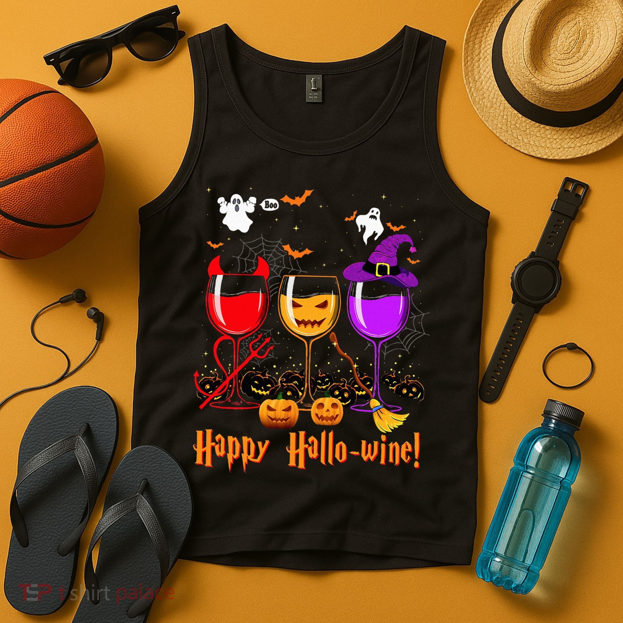 Happy Hallowine Drinking Scary Ghost Boo Pumpkin Halloween Tank Top