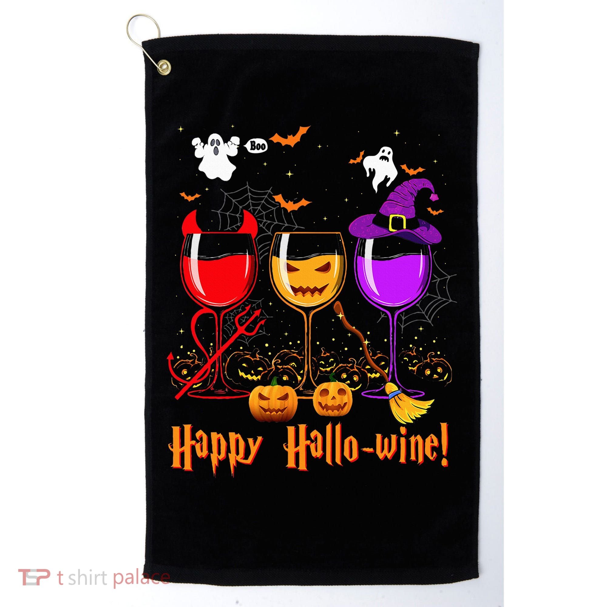 Happy Hallowine Drinking Scary Ghost Boo Pumpkin Halloween Golf Towel