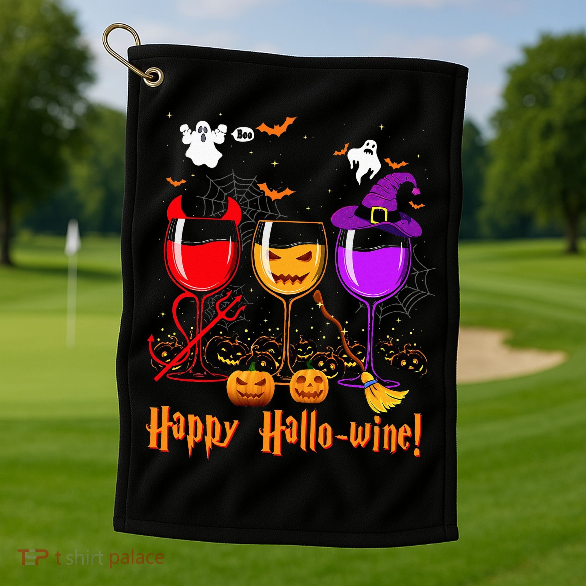 Happy Hallowine Drinking Scary Ghost Boo Pumpkin Halloween Golf Towel