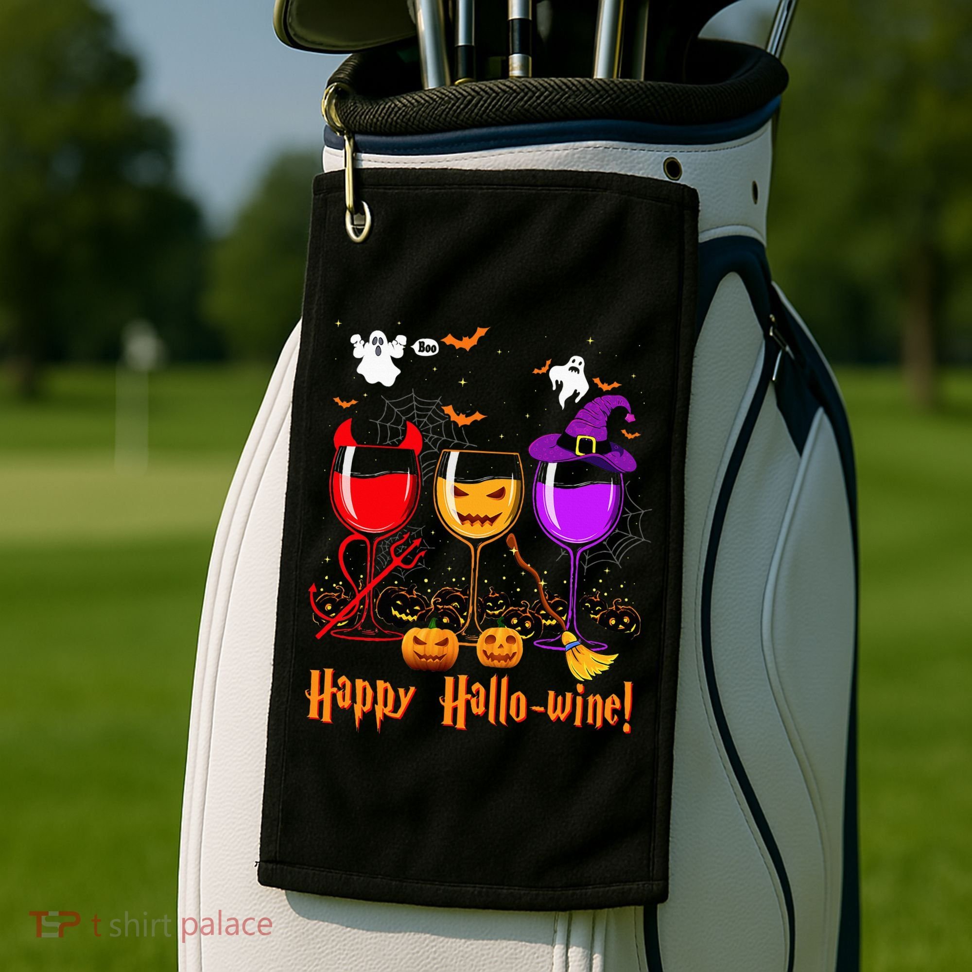 Happy Hallowine Drinking Scary Ghost Boo Pumpkin Halloween Golf Towel