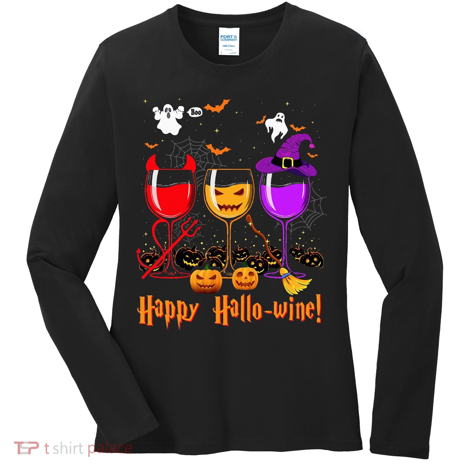 Happy Hallowine Drinking Scary Ghost Boo Pumpkin Halloween Women's Long Sleeve Shirt
