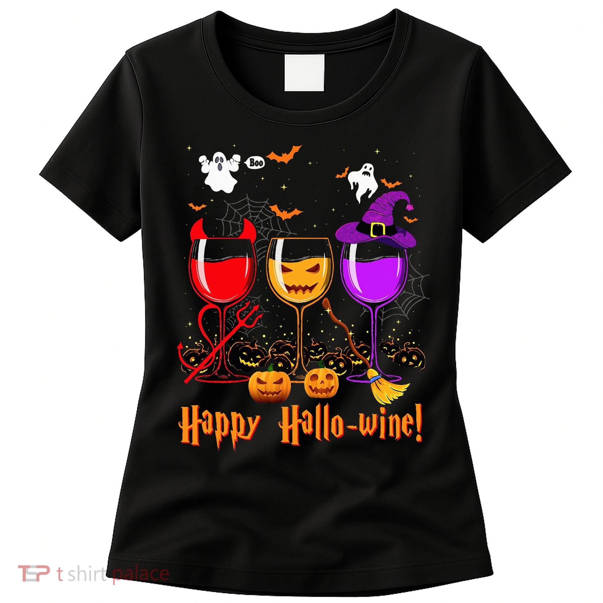 Happy Hallowine Drinking Scary Ghost Boo Pumpkin Halloween Women's T-Shirt