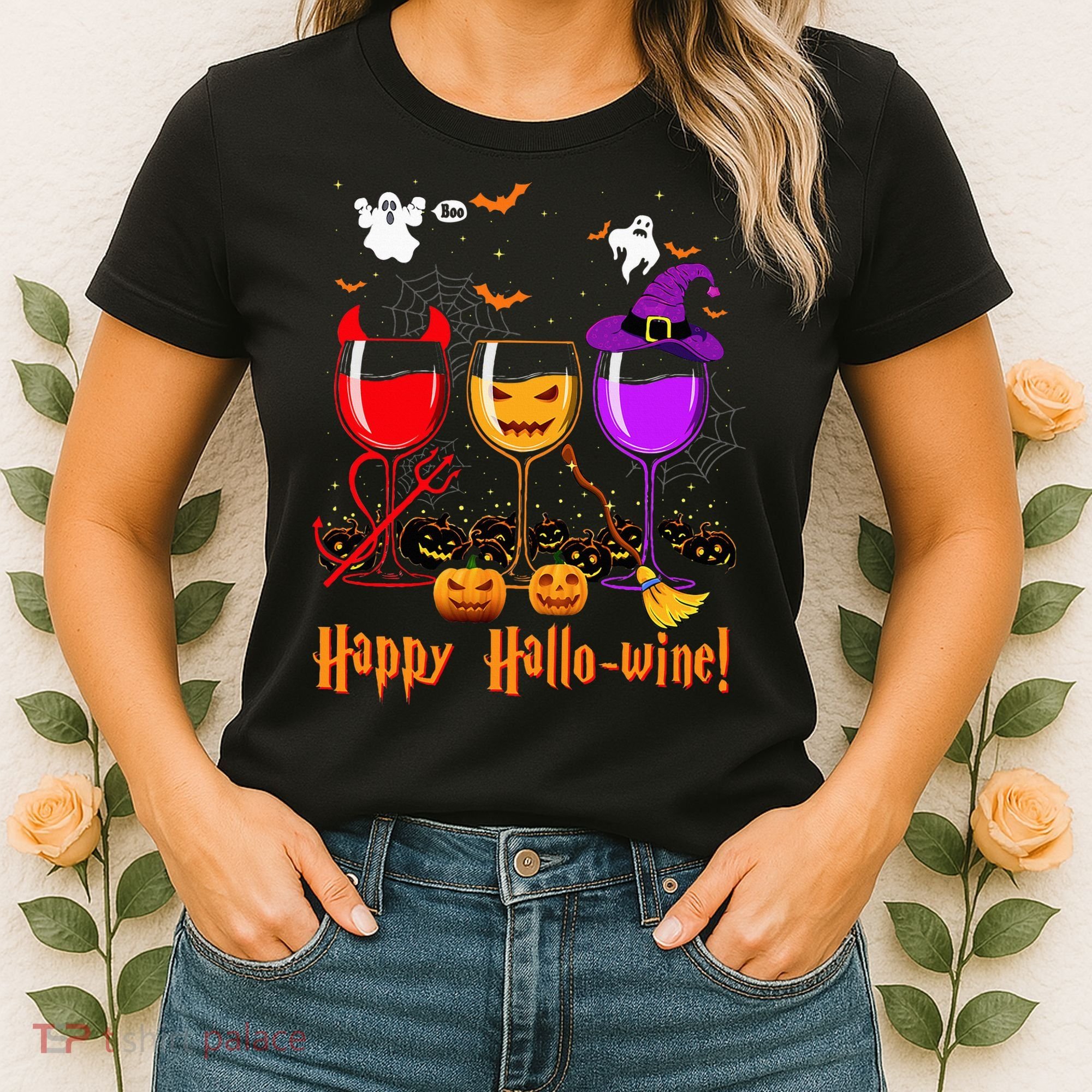 Happy Hallowine Drinking Scary Ghost Boo Pumpkin Halloween Women's T-Shirt