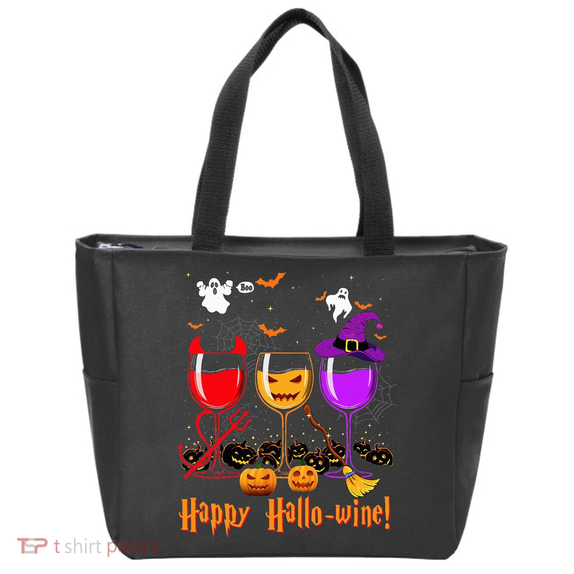 Happy Hallowine Drinking Scary Ghost Boo Pumpkin Halloween Tote Bag
