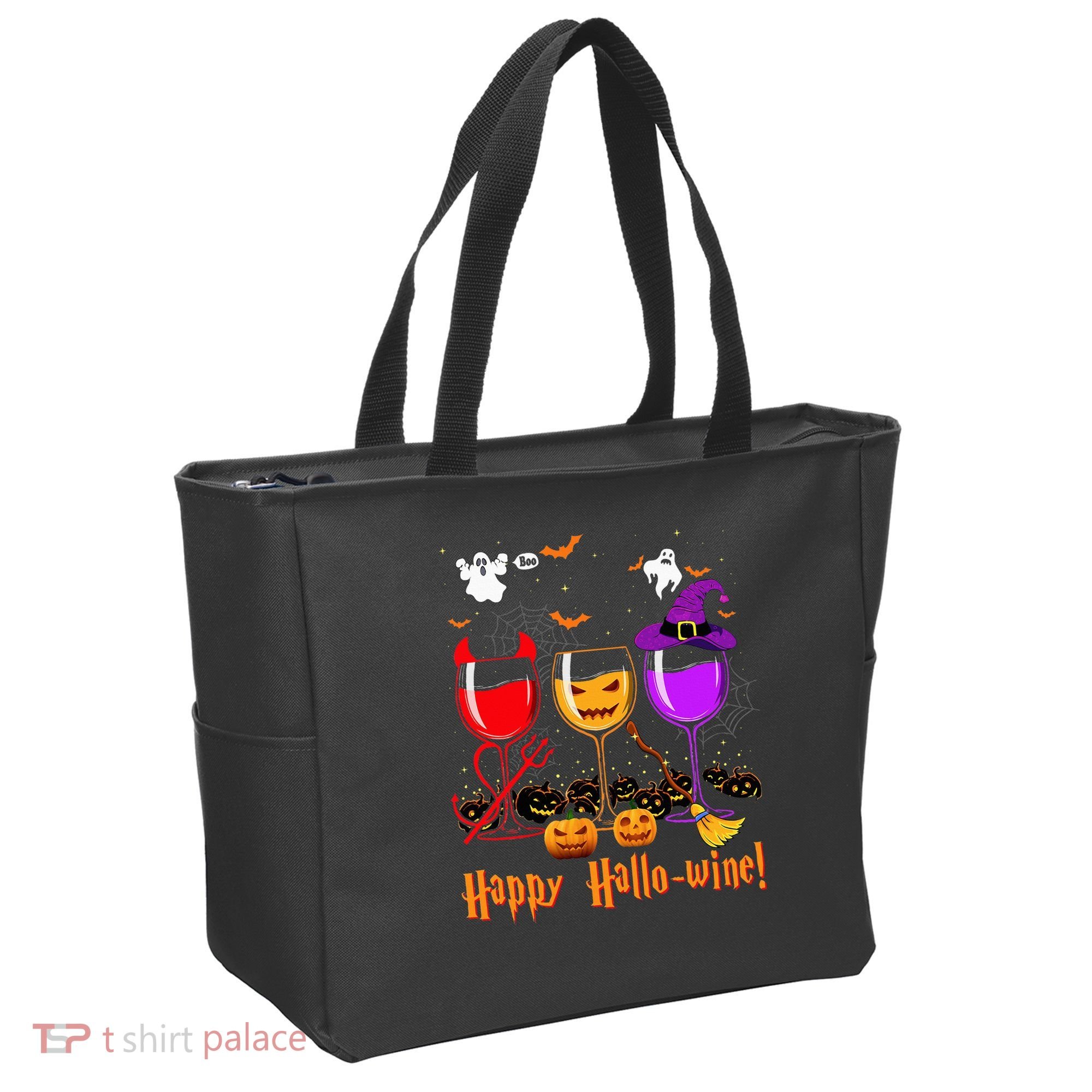 Happy Hallowine Drinking Scary Ghost Boo Pumpkin Halloween Tote Bag