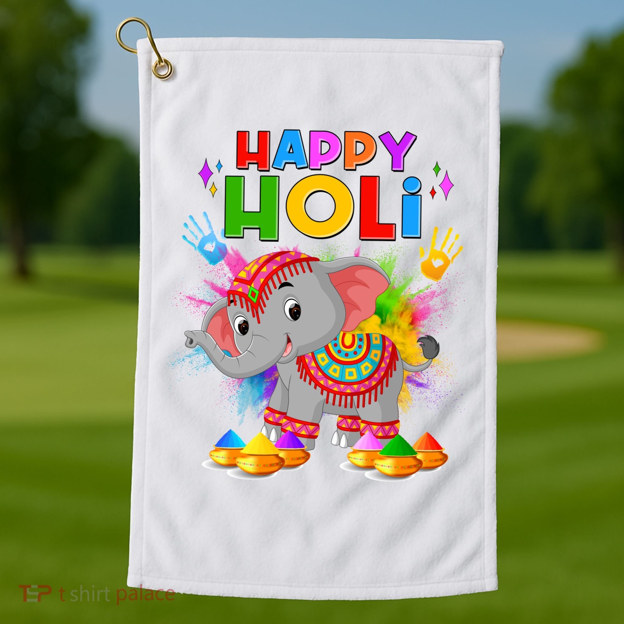 Happy Holi Elephant Celebrating Hindu Holiday Golf Towel