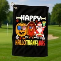 Happy HalloThanksMas Funny Pumpkin Golf Towel thumb 1
