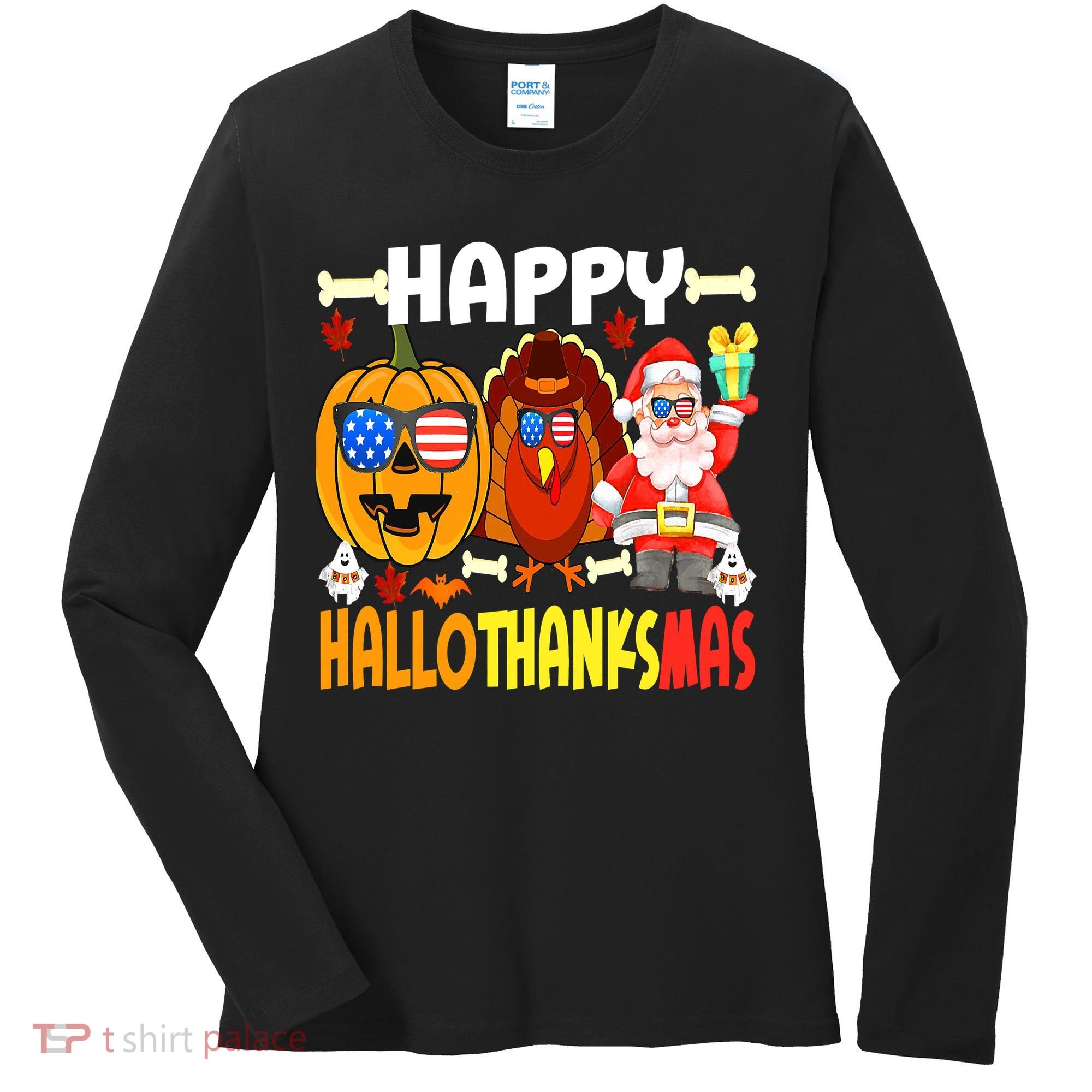 Happy HalloThanksMas Funny Pumpkin Women's Long Sleeve Shirt