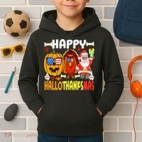 Happy HalloThanksMas Funny Pumpkin Kids Hoodie thumb 2