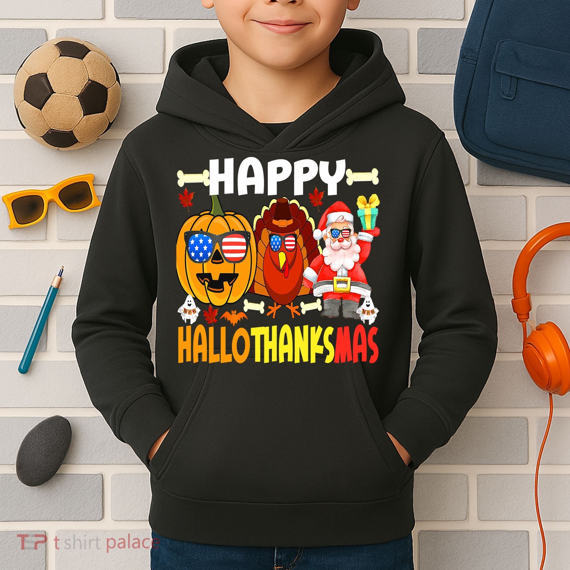 Happy HalloThanksMas Funny Pumpkin Kids Hoodie