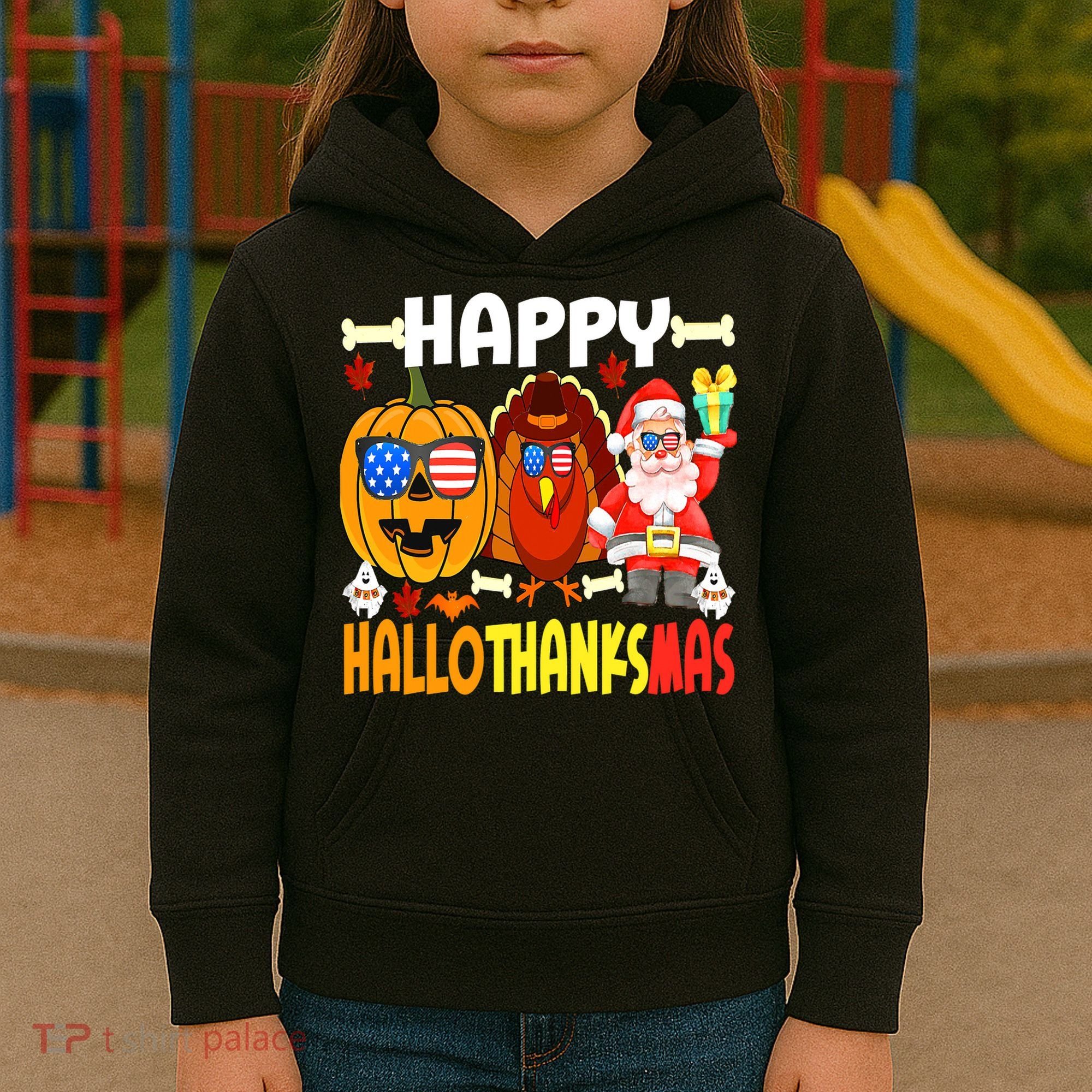 Happy HalloThanksMas Funny Pumpkin Kids Hoodie