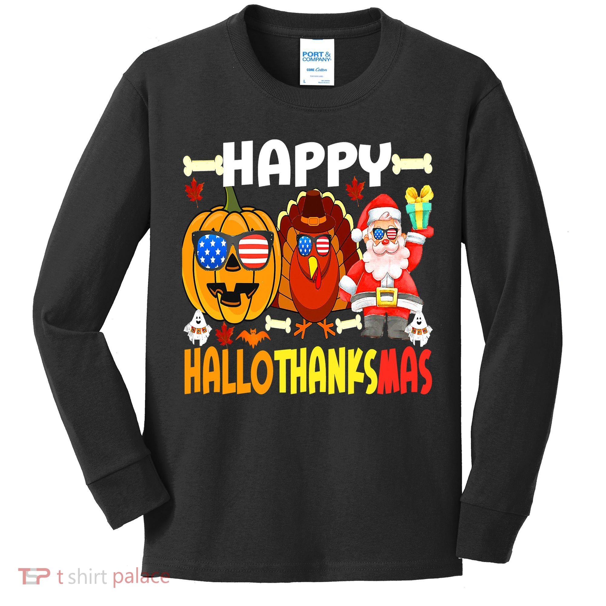 Happy HalloThanksMas Funny Pumpkin Kids Long Sleeve Shirt