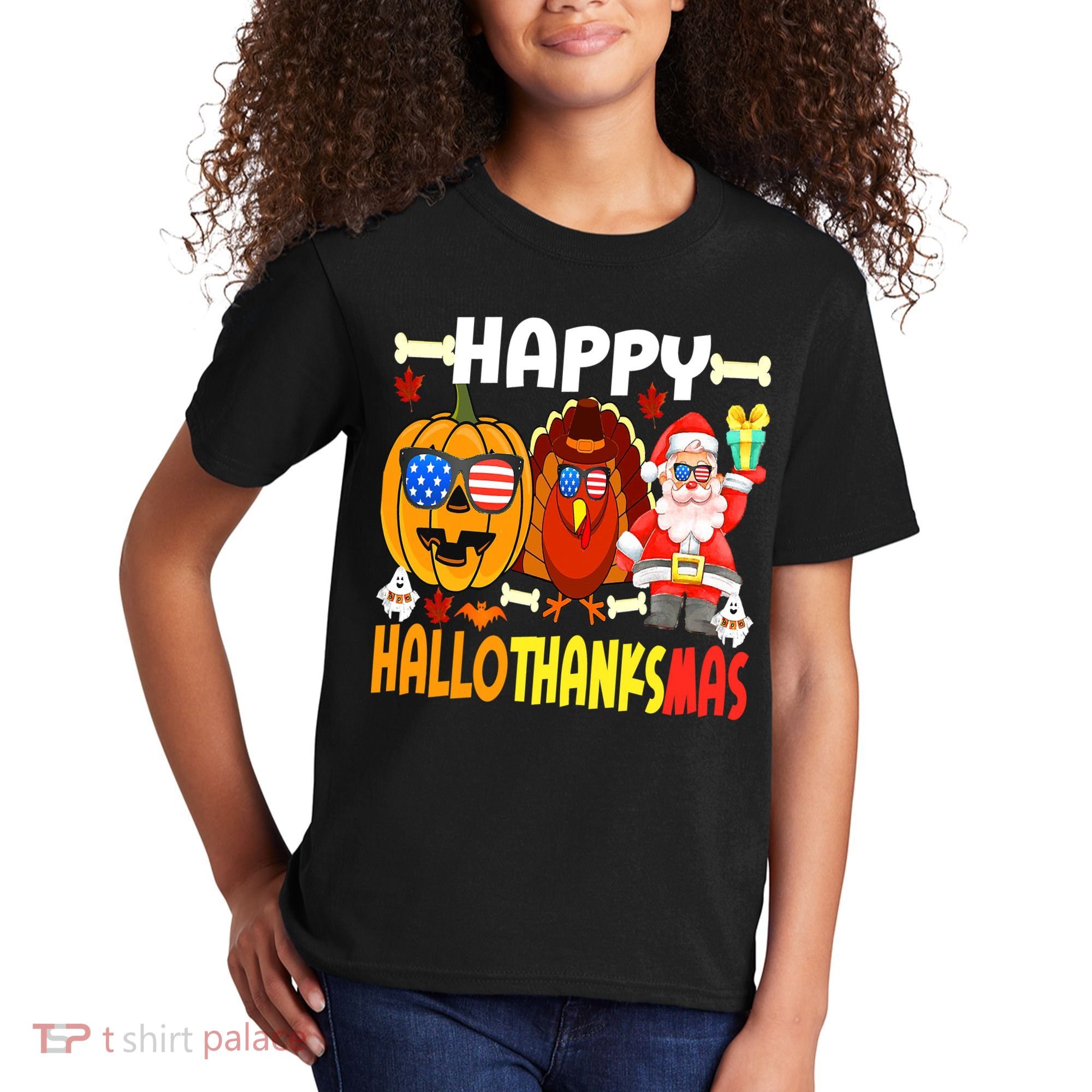 Happy HalloThanksMas Funny Pumpkin Kids T-Shirt