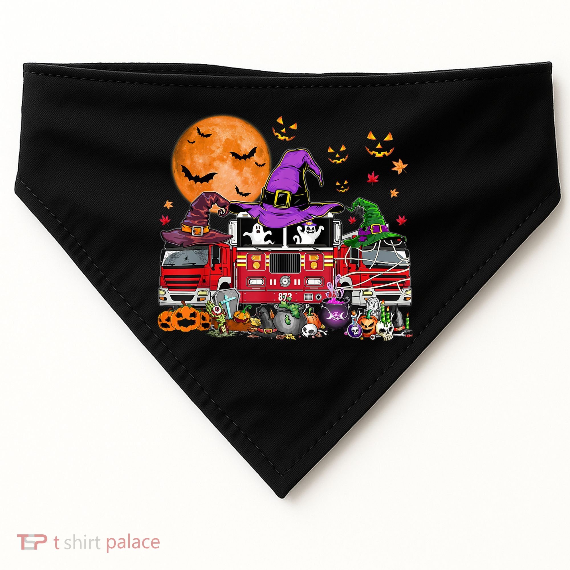 Happy Halloween Firefighter Pumpkin Fire Truck Witch Ghost USA-Made Doggie Bandana