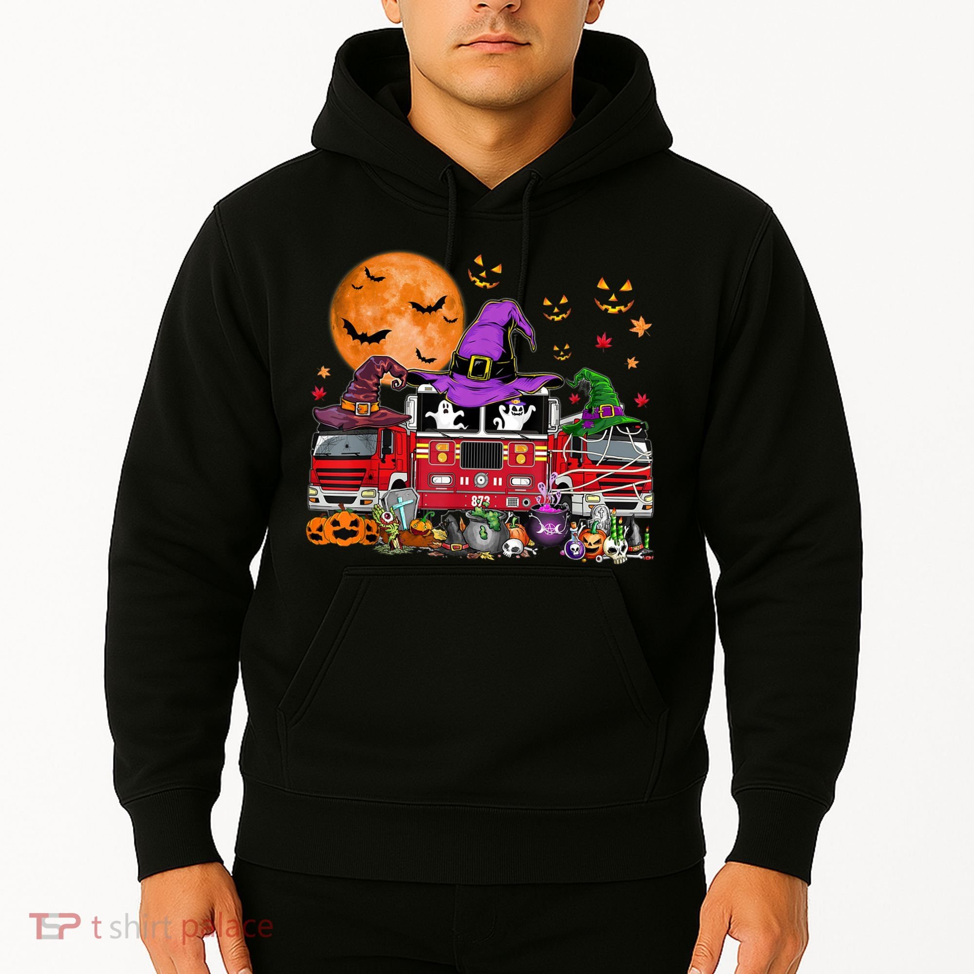 Happy Halloween Firefighter Pumpkin Fire Truck Witch Ghost Hoodie