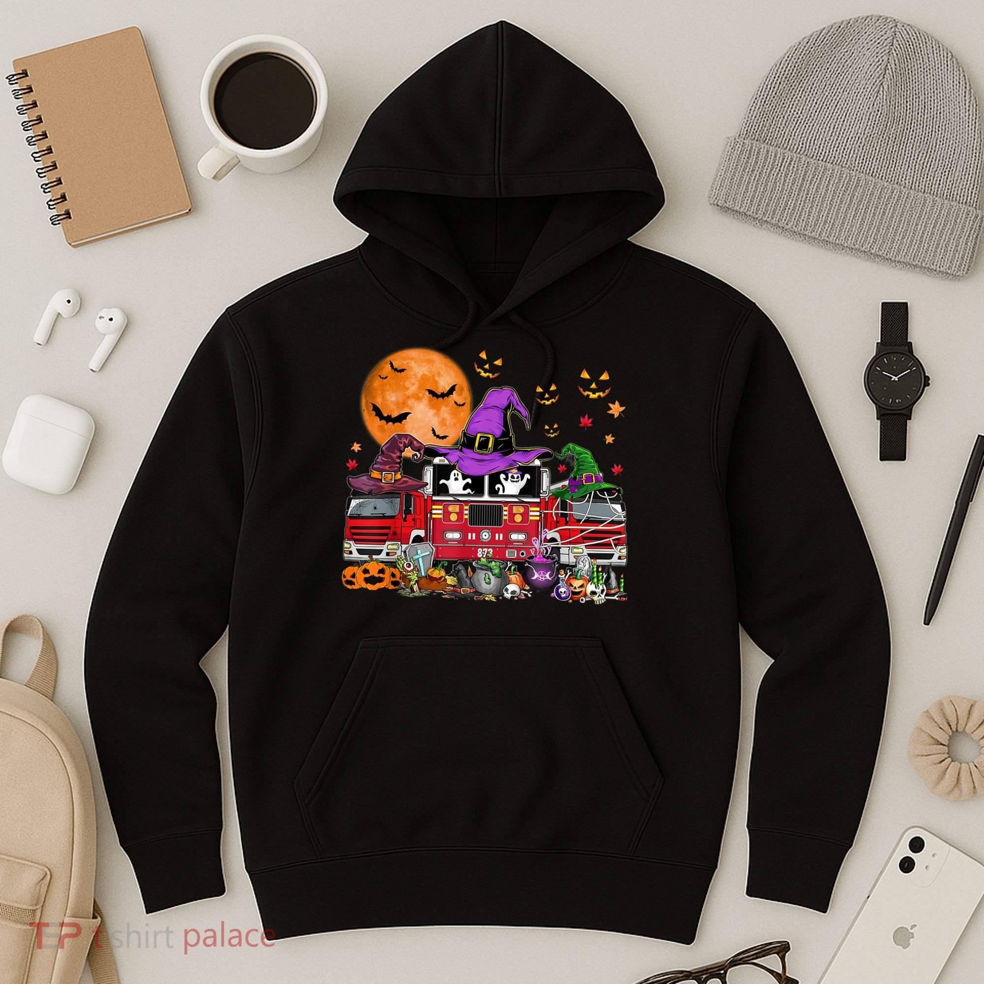 Happy Halloween Firefighter Pumpkin Fire Truck Witch Ghost Hoodie