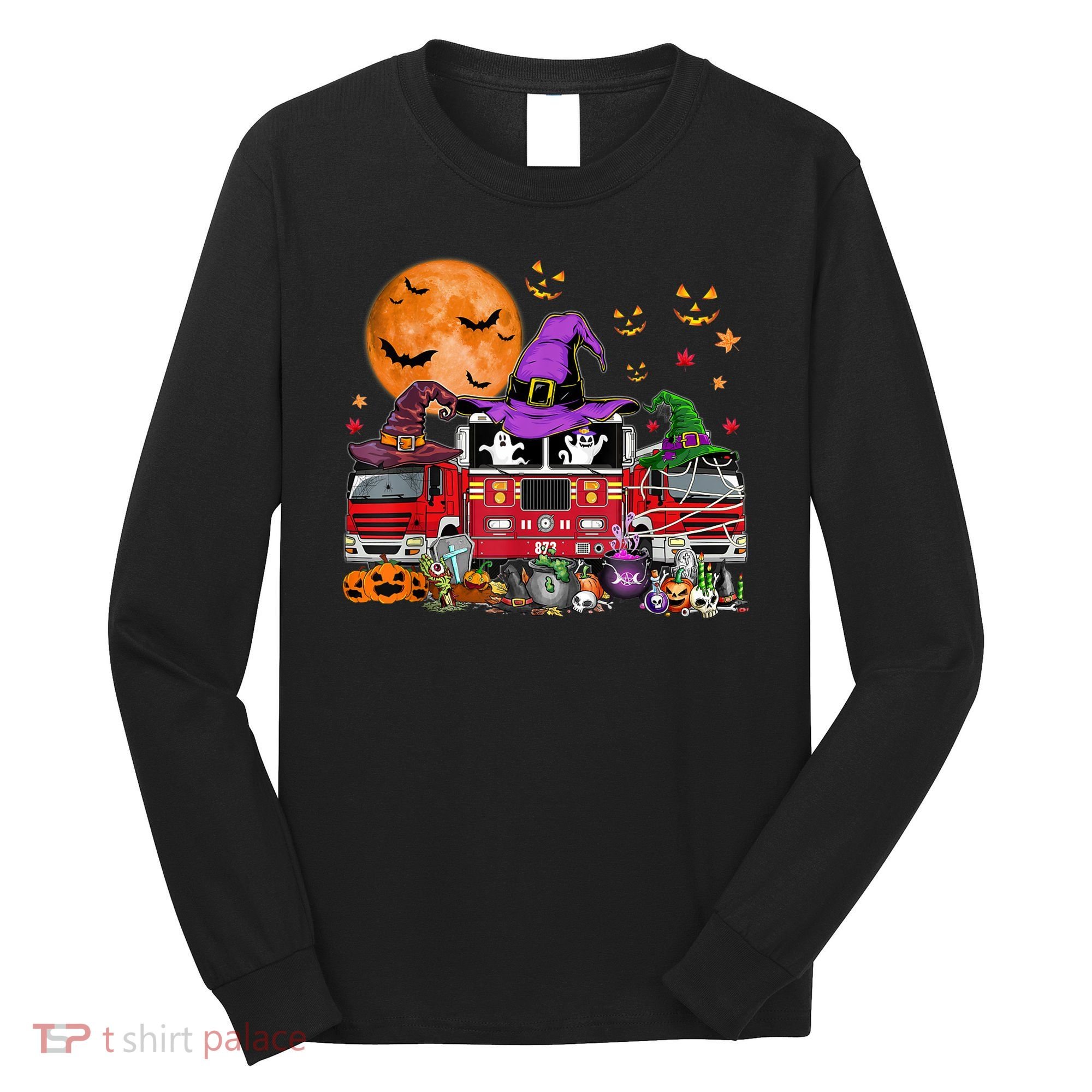 Happy Halloween Firefighter Pumpkin Fire Truck Witch Ghost Long Sleeve Shirt