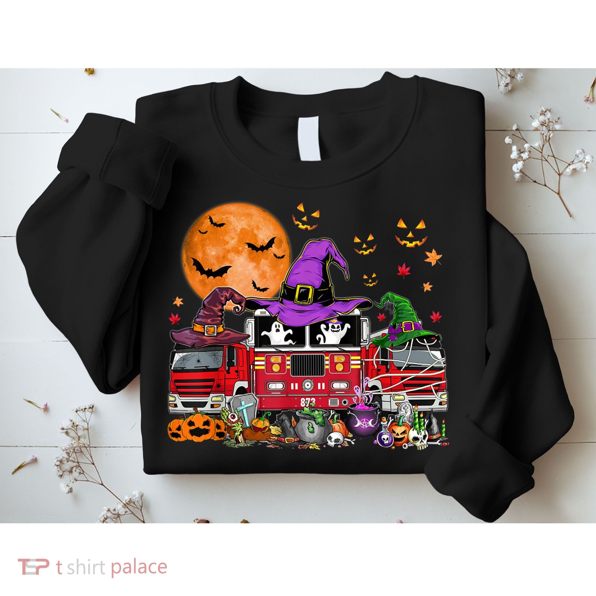 Happy Halloween Firefighter Pumpkin Fire Truck Witch Ghost Sweatshirt