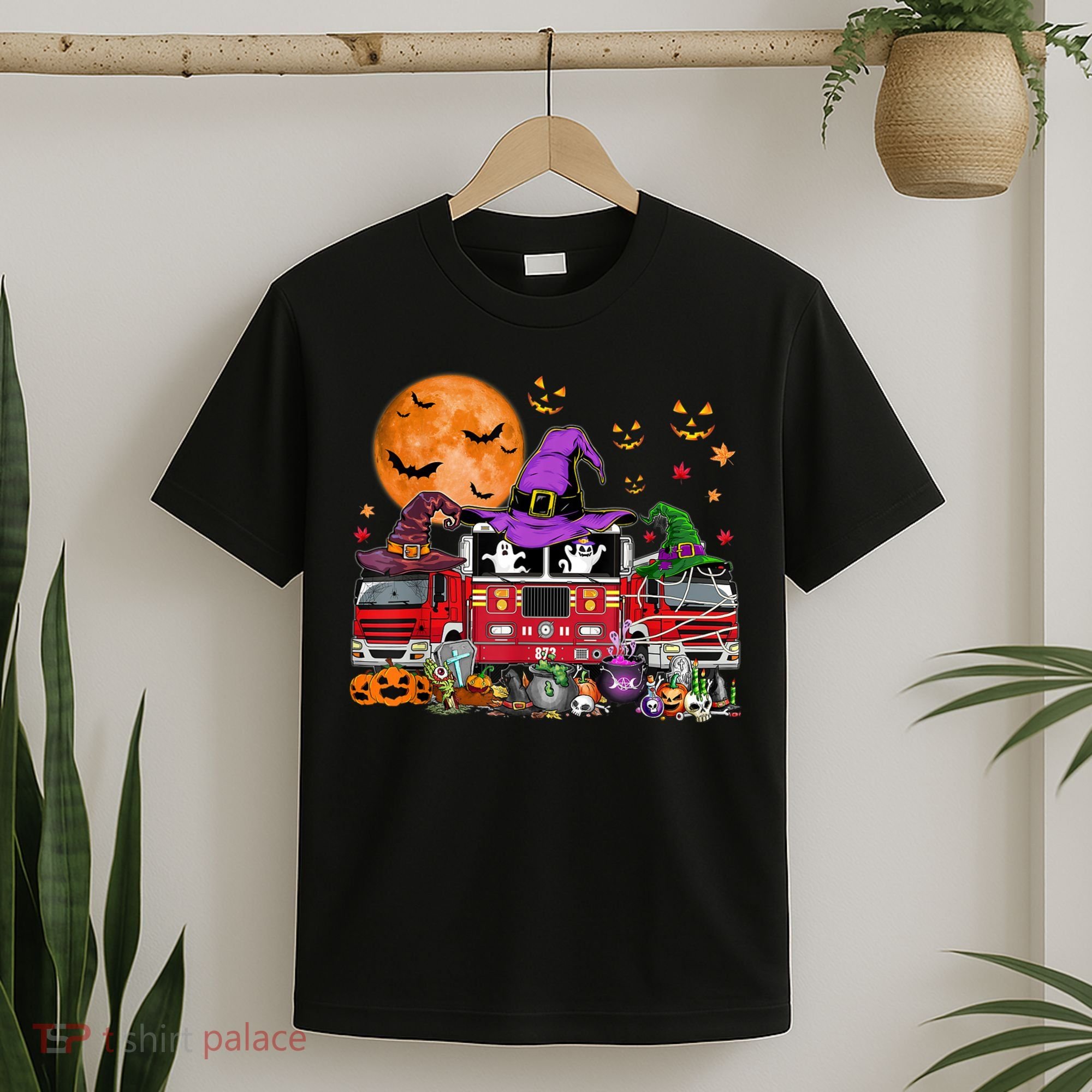 Happy Halloween Firefighter Pumpkin Fire Truck Witch Ghost T-Shirt