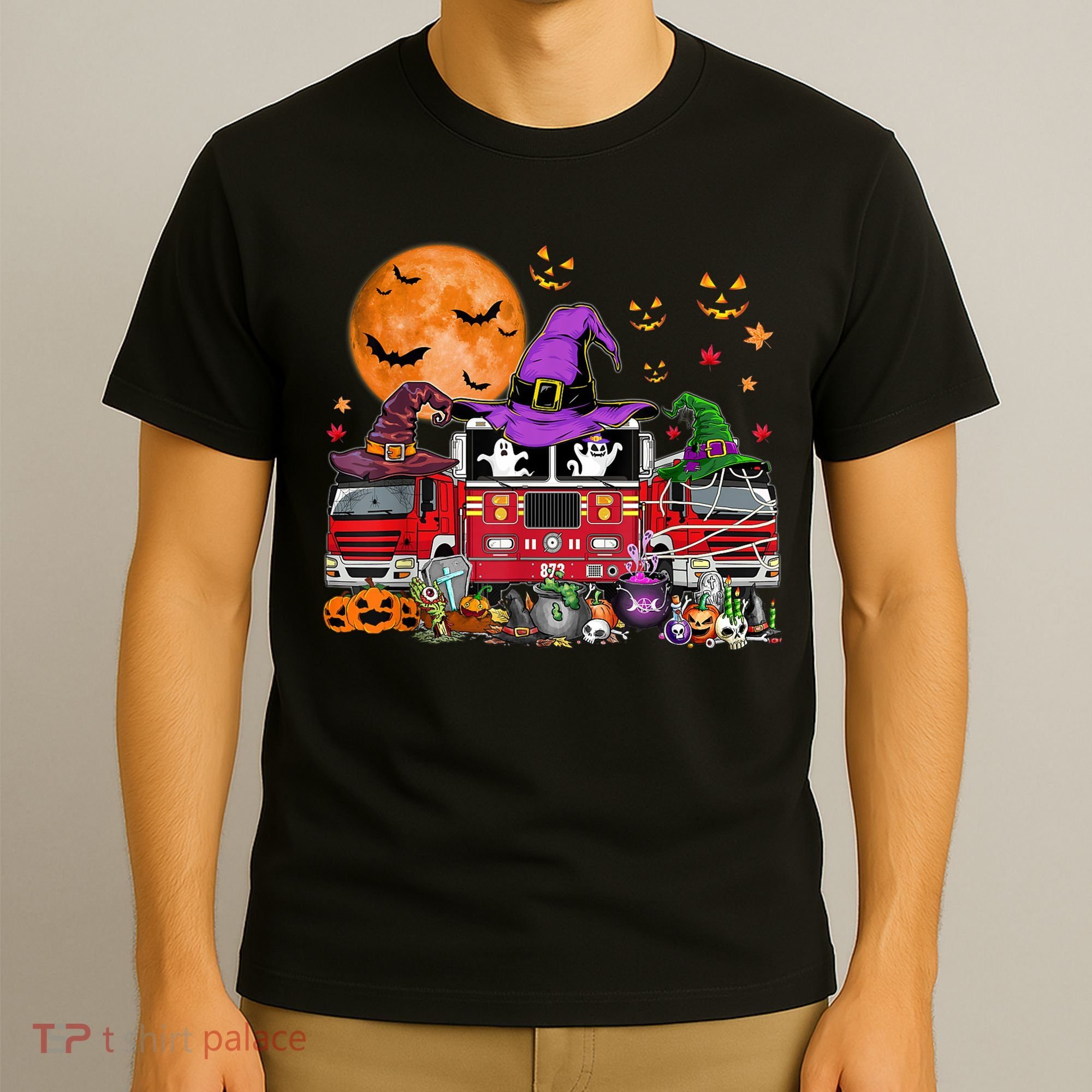 Happy Halloween Firefighter Pumpkin Fire Truck Witch Ghost T-Shirt