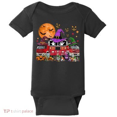Happy Halloween Firefighter Pumpkin Fire Truck Witch Ghost Baby Bodysuit