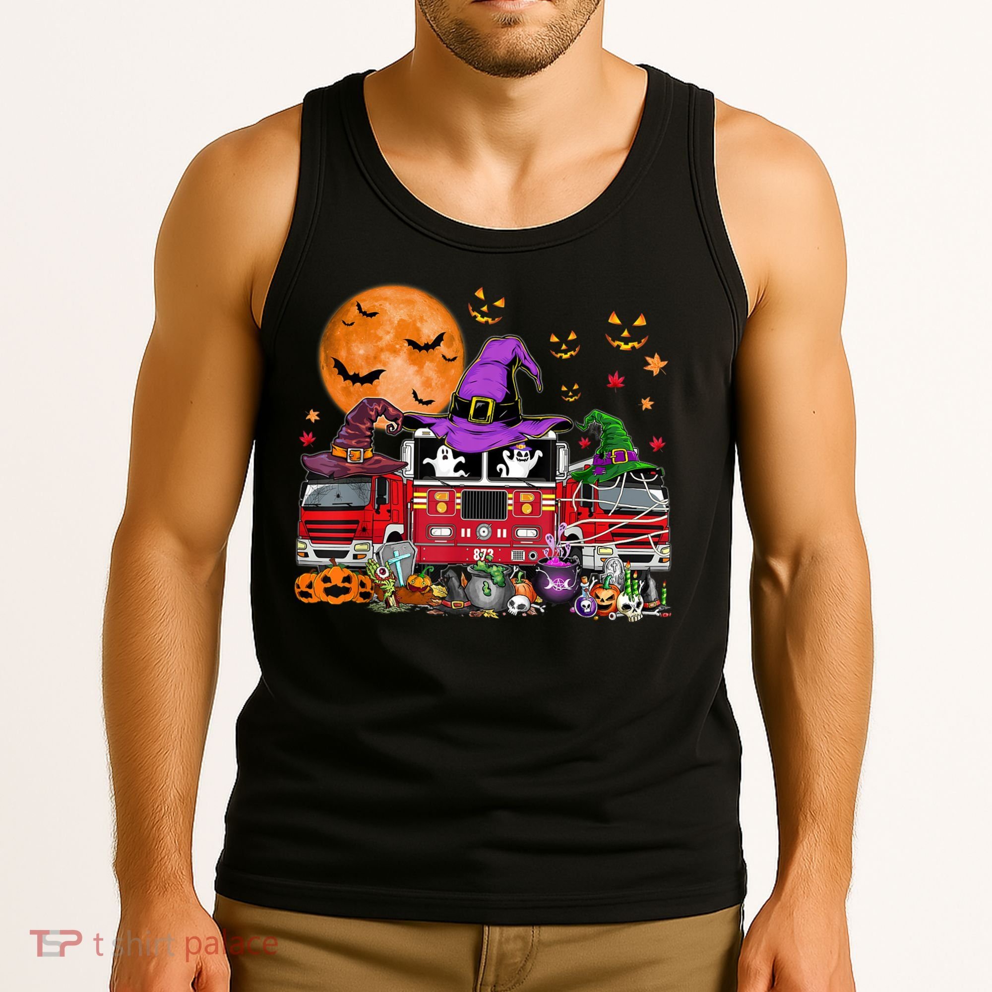 Happy Halloween Firefighter Pumpkin Fire Truck Witch Ghost Tank Top