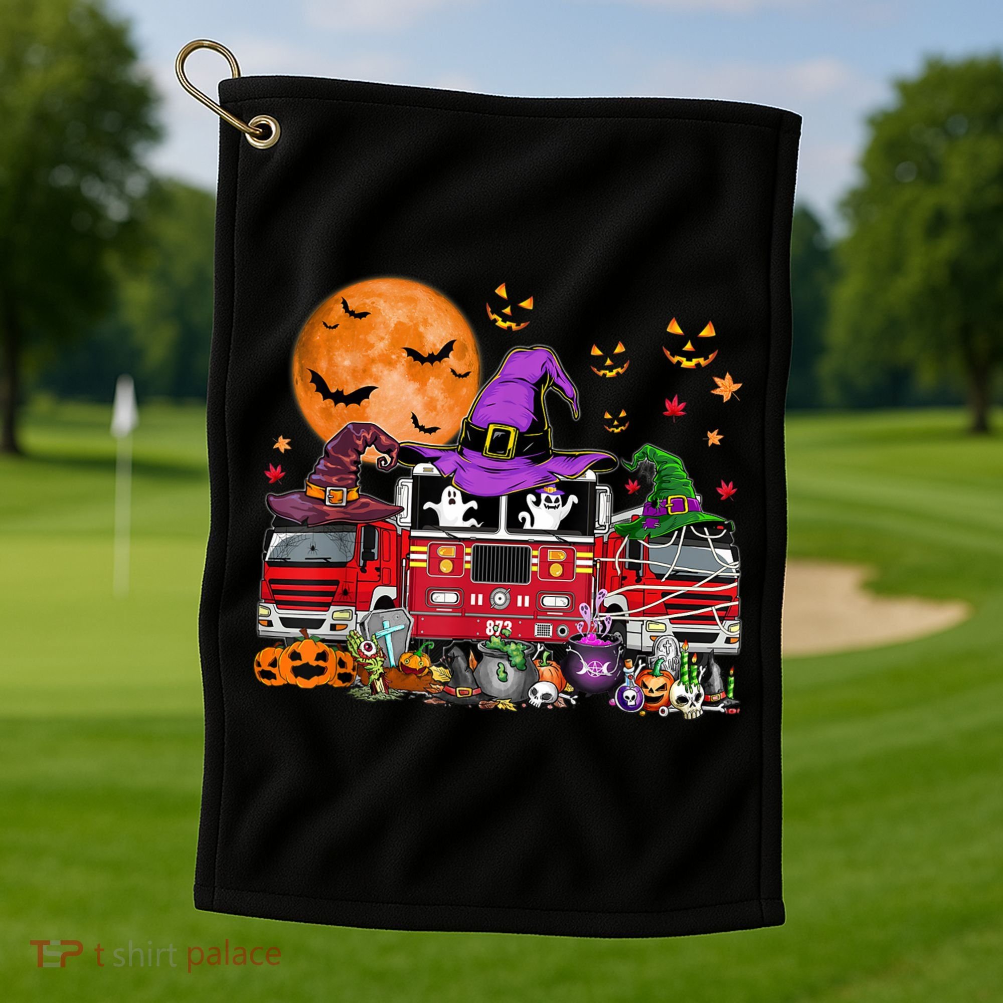 Happy Halloween Firefighter Pumpkin Fire Truck Witch Ghost Golf Towel