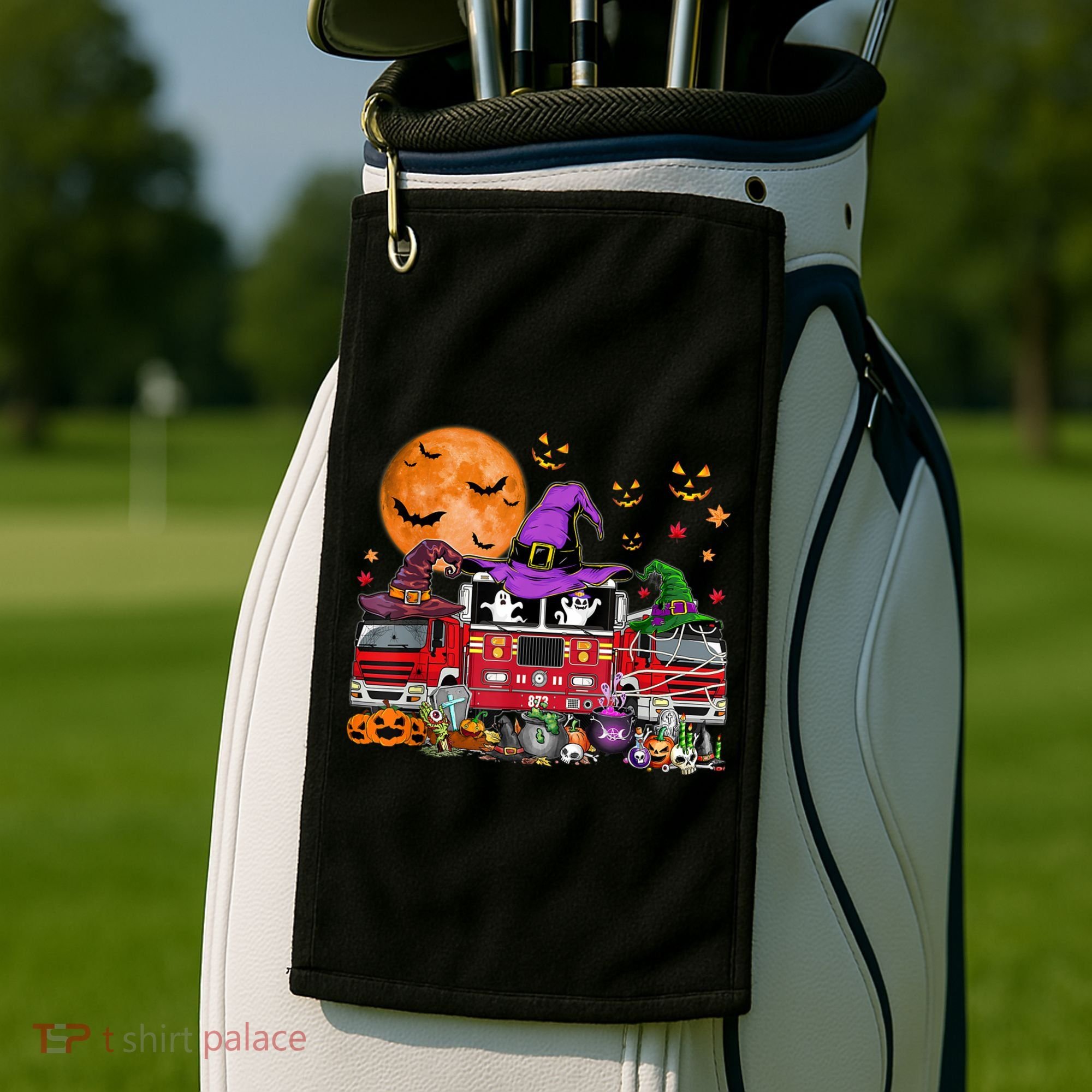 Happy Halloween Firefighter Pumpkin Fire Truck Witch Ghost Golf Towel