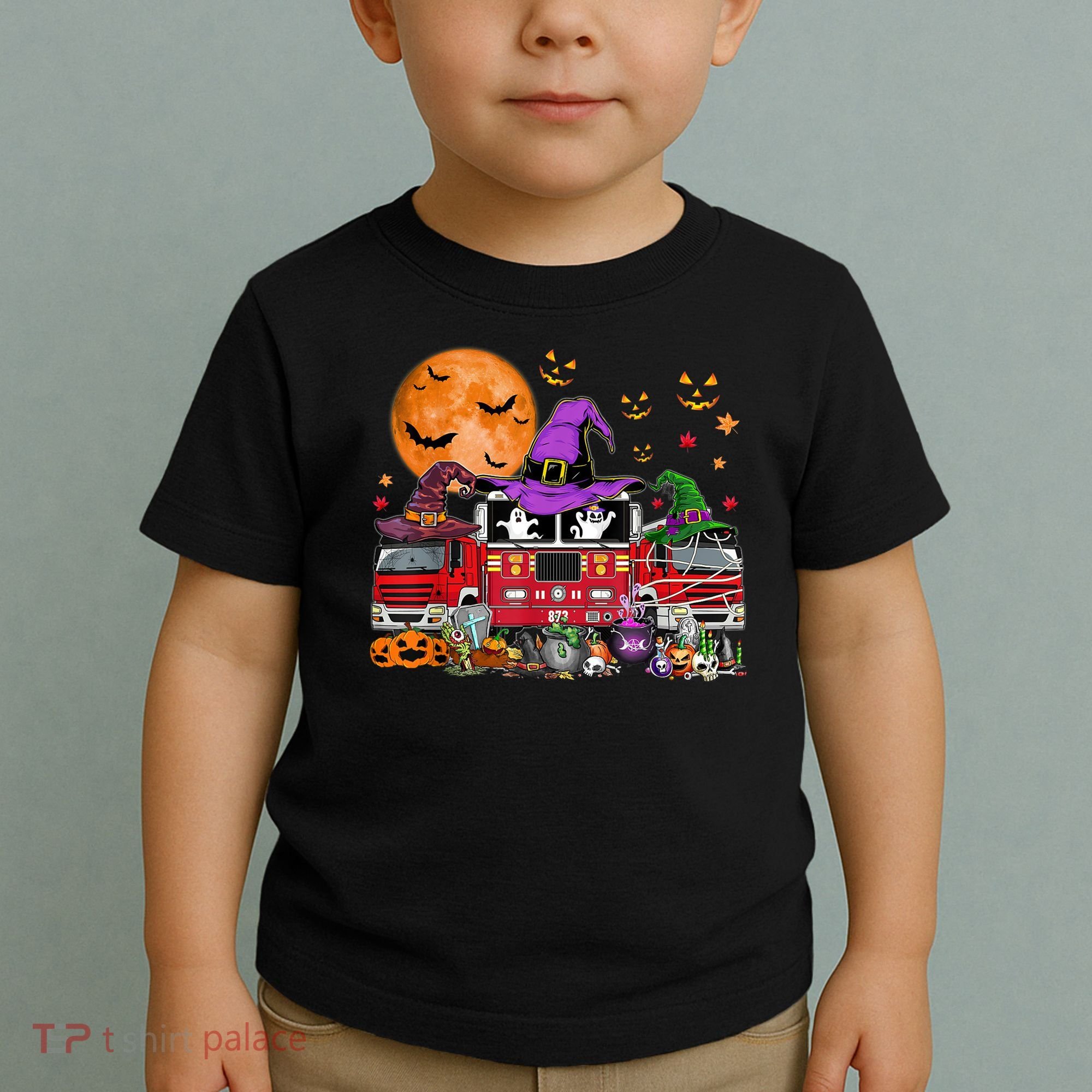 Happy Halloween Firefighter Pumpkin Fire Truck Witch Ghost Toddler T-Shirt