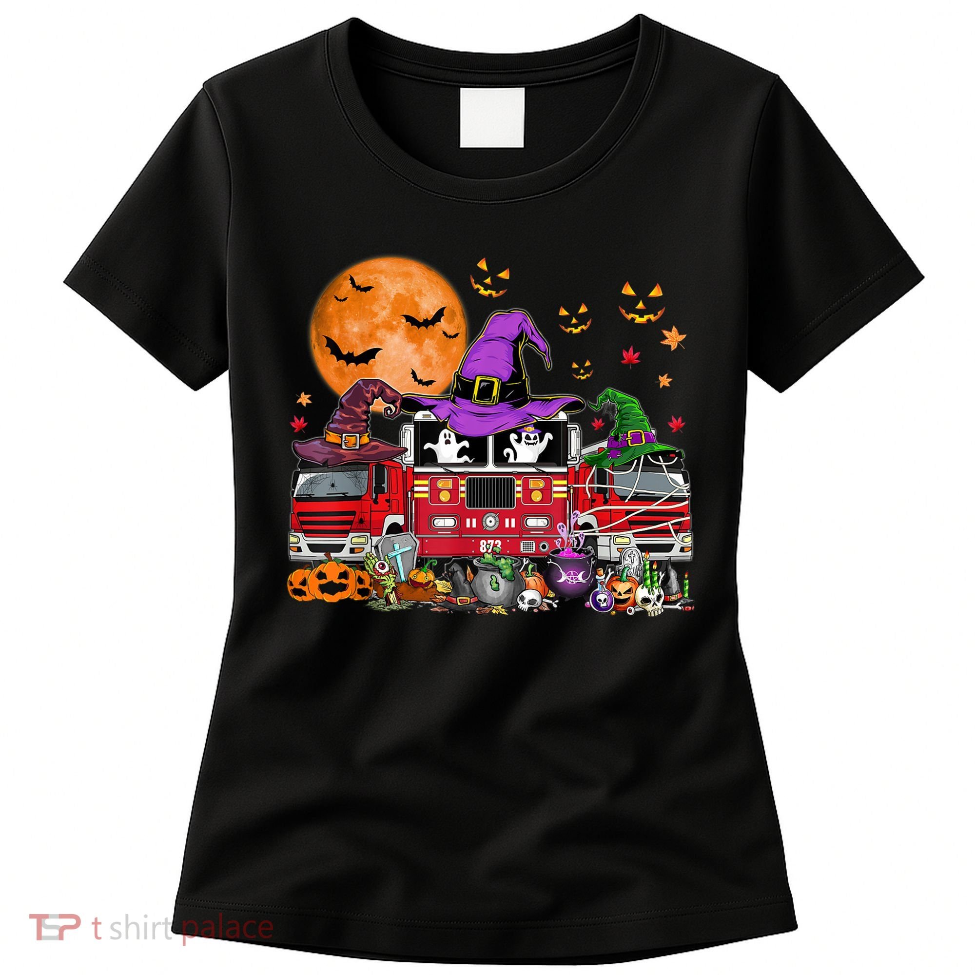 Happy Halloween Firefighter Pumpkin Fire Truck Witch Ghost Women's T-Shirt
