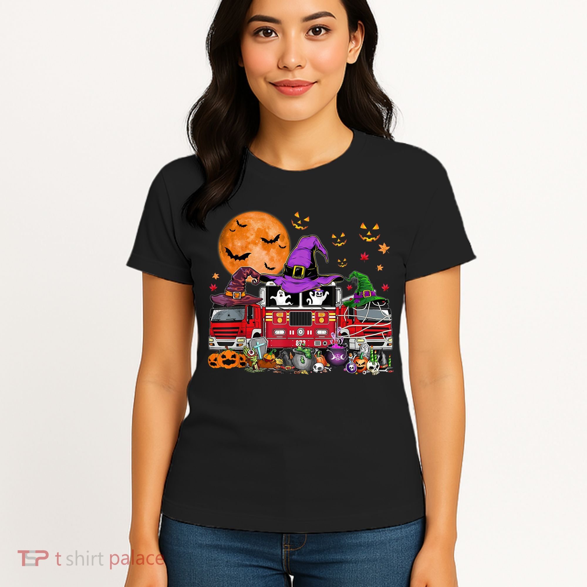 Happy Halloween Firefighter Pumpkin Fire Truck Witch Ghost Women's T-Shirt