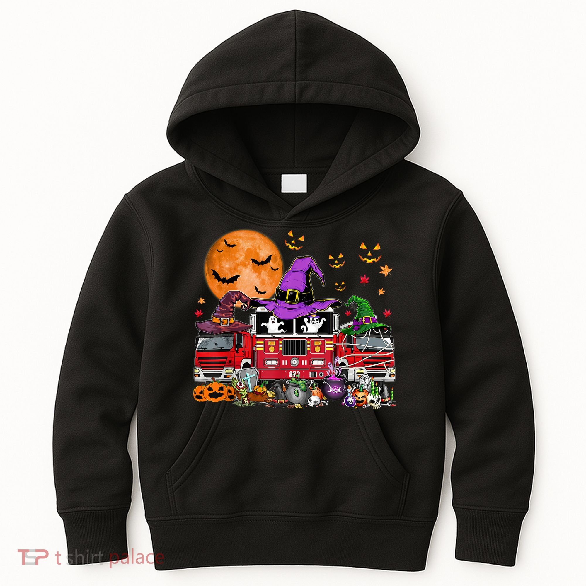 Happy Halloween Firefighter Pumpkin Fire Truck Witch Ghost Kids Hoodie
