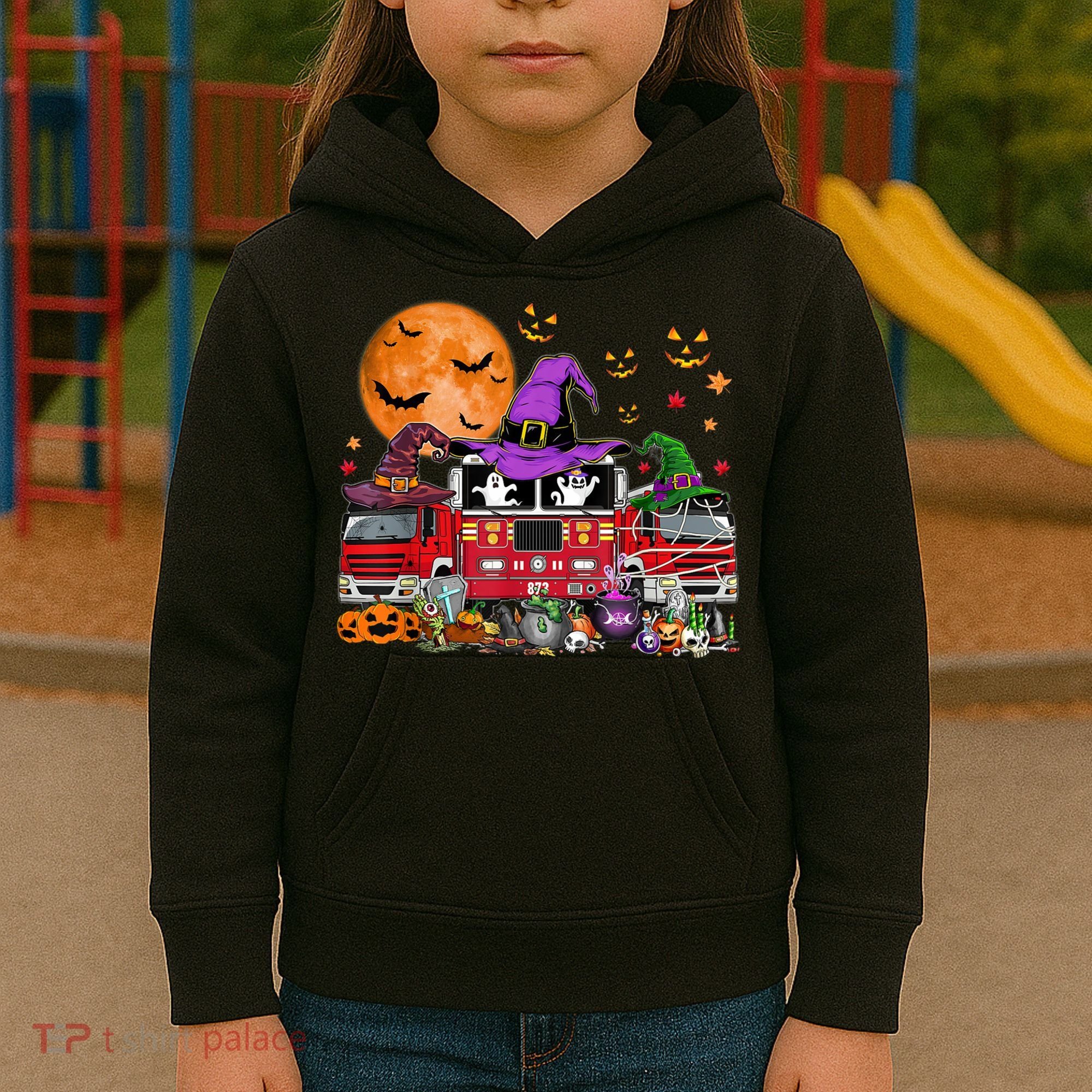 Happy Halloween Firefighter Pumpkin Fire Truck Witch Ghost Kids Hoodie