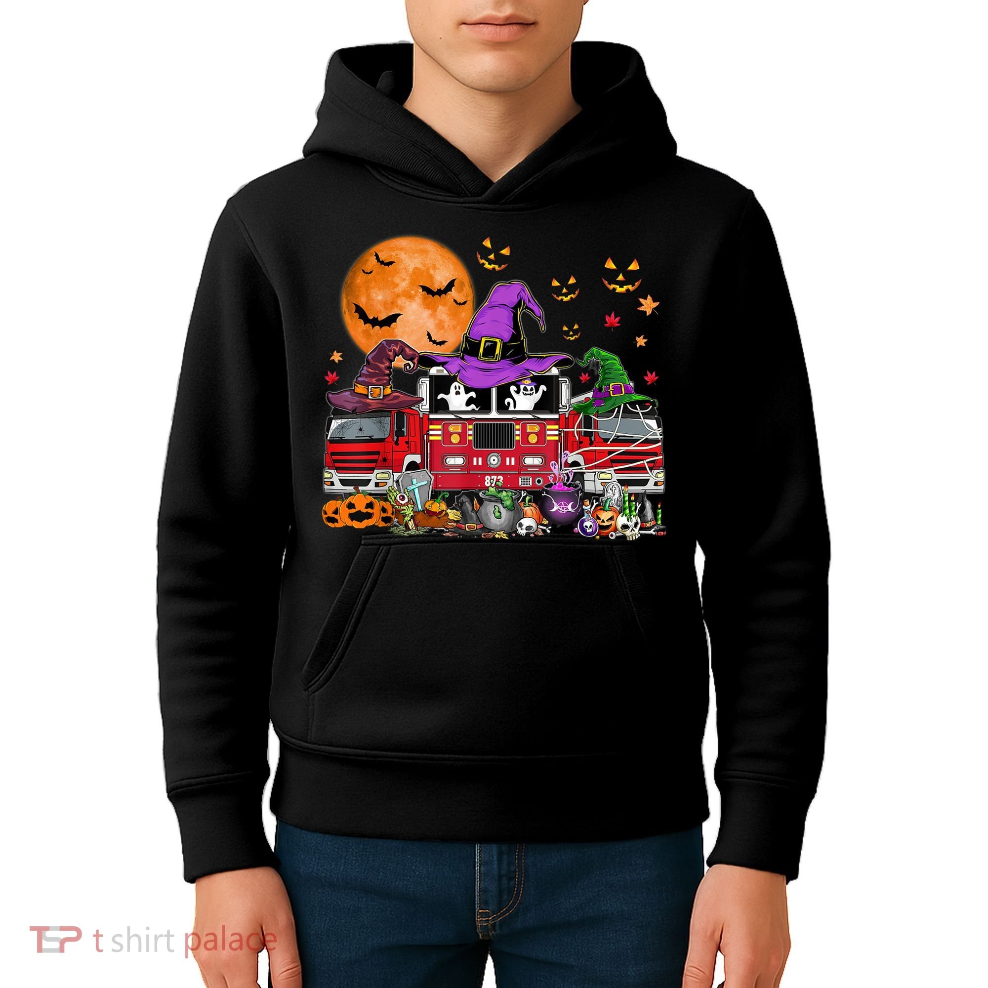 Happy Halloween Firefighter Pumpkin Fire Truck Witch Ghost Kids Hoodie