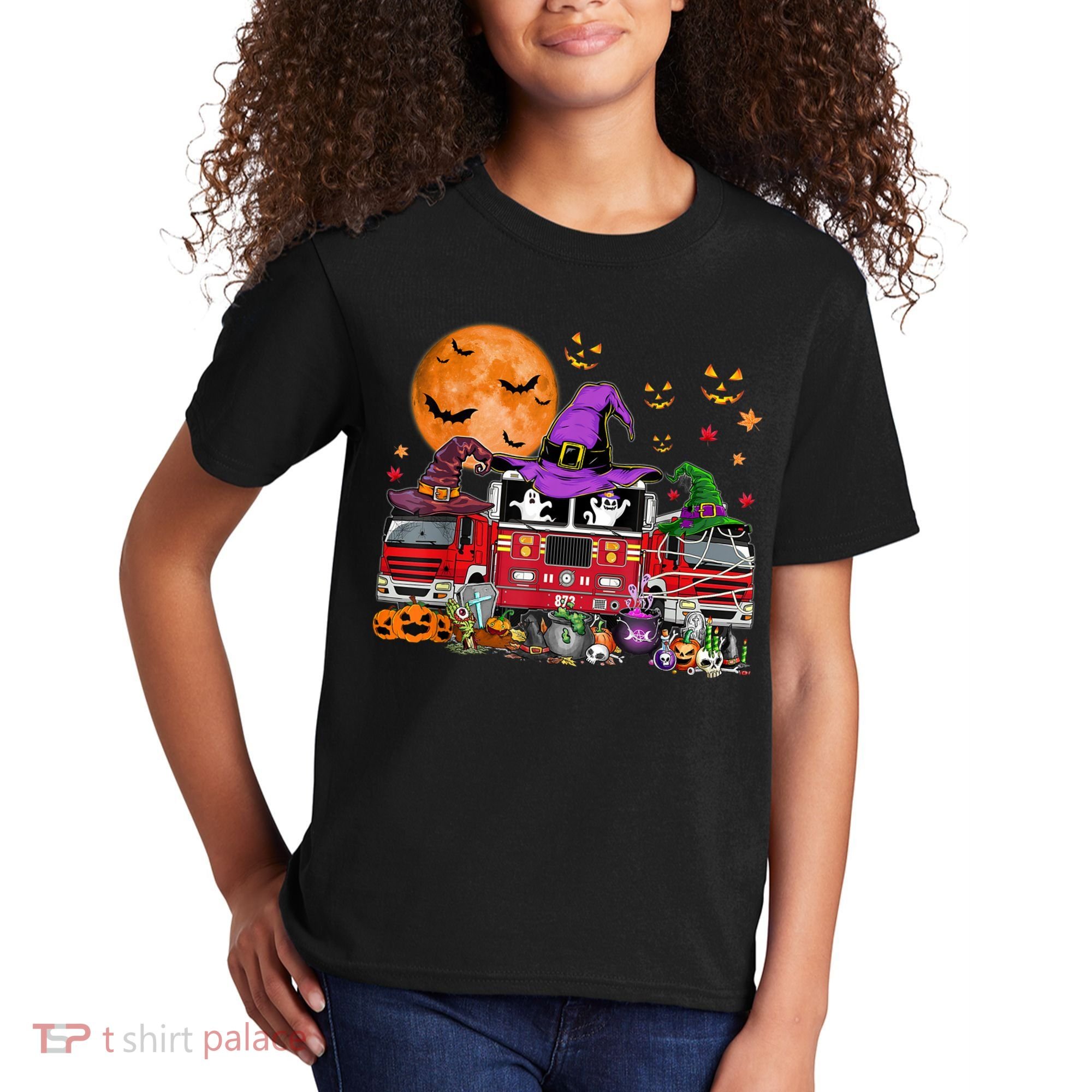 Happy Halloween Firefighter Pumpkin Fire Truck Witch Ghost Kids T-Shirt