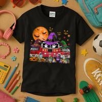 Happy Halloween Firefighter Pumpkin Fire Truck Witch Ghost Kids T-Shirt thumb 3