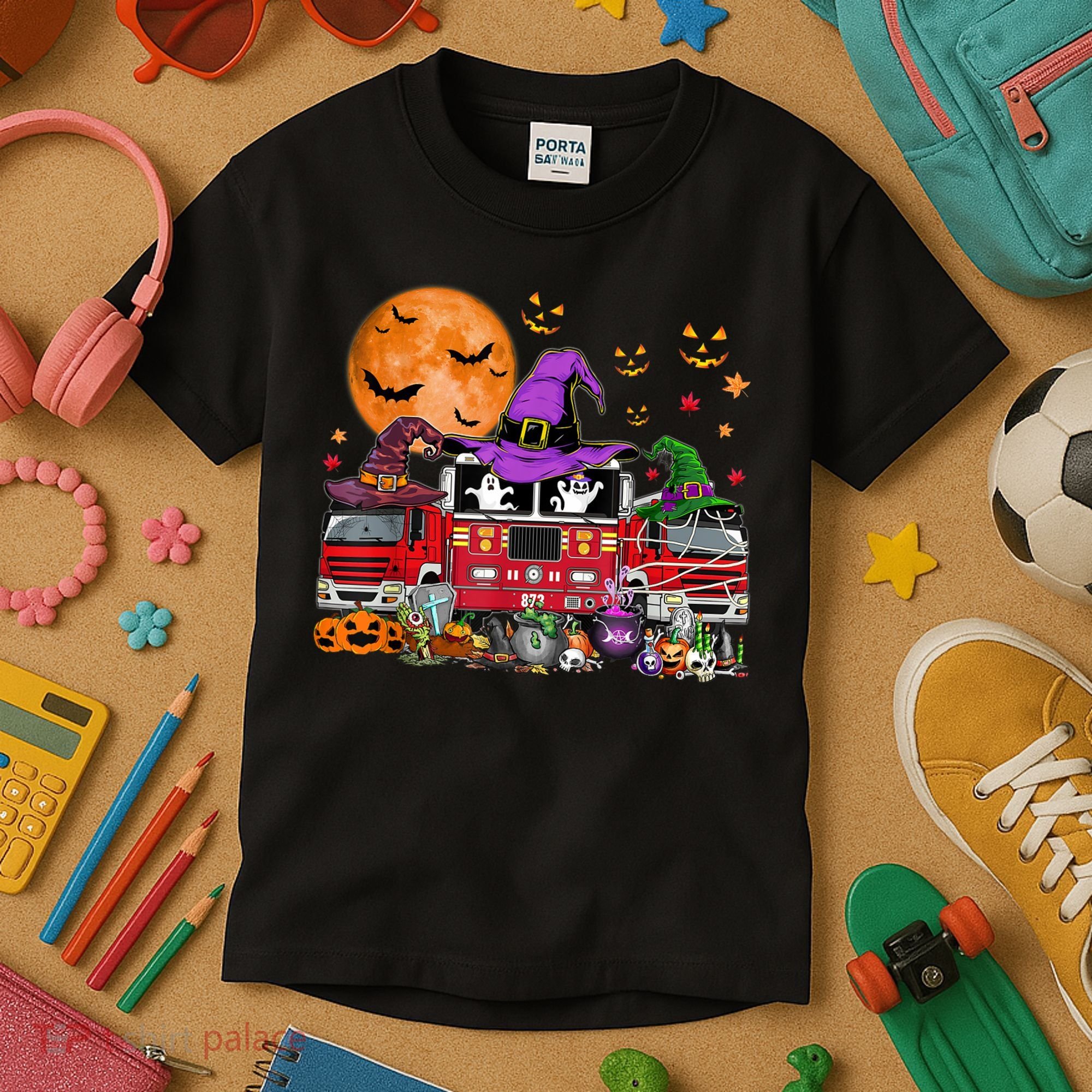 Happy Halloween Firefighter Pumpkin Fire Truck Witch Ghost Kids T-Shirt