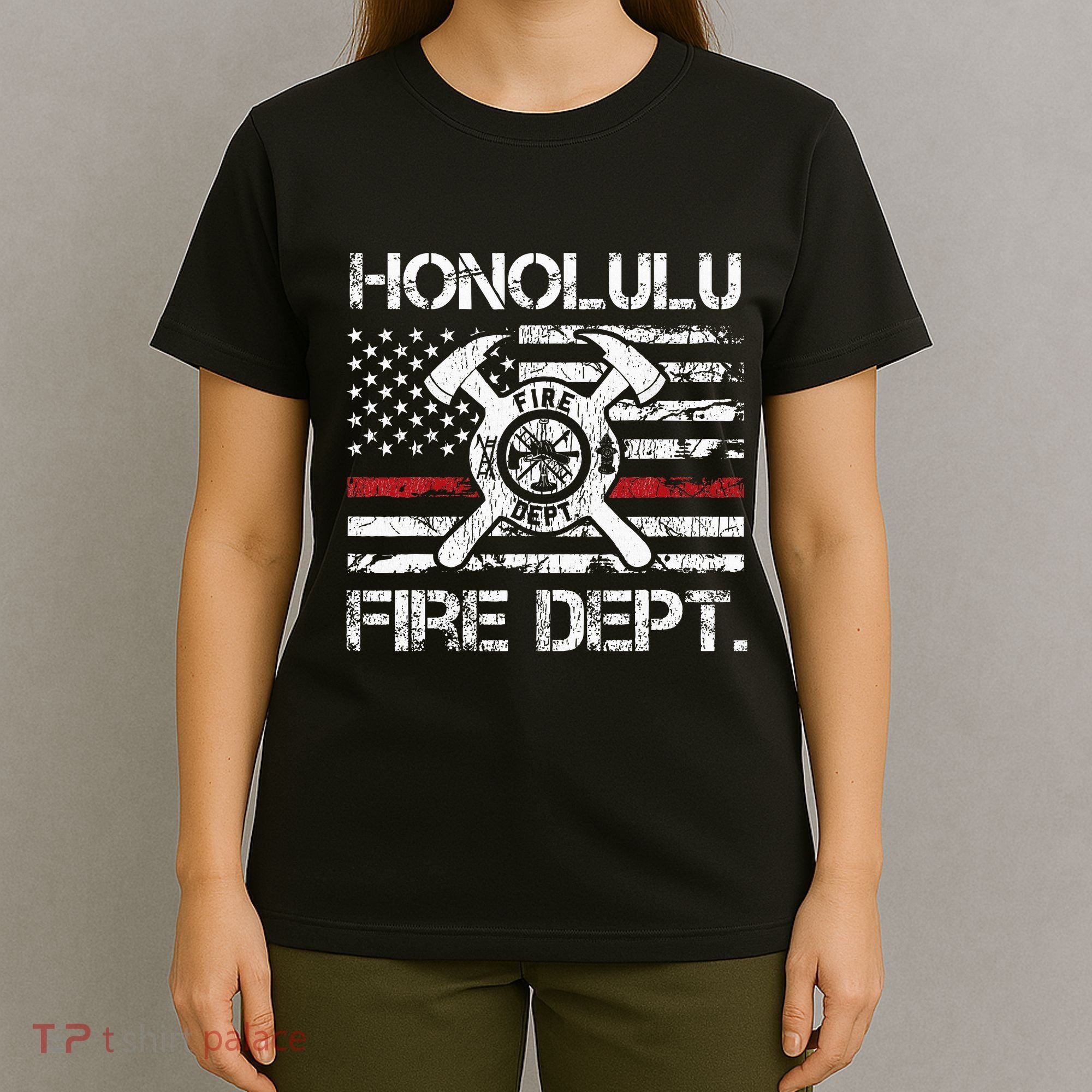 Honolulu Hawaii Fire Department Thin Red Line Fireman T-Shirt
